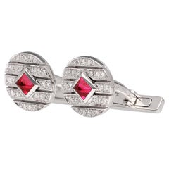 Cartier 2P Ruby Diamond 18K White Gold Round Shape Cufflinks
