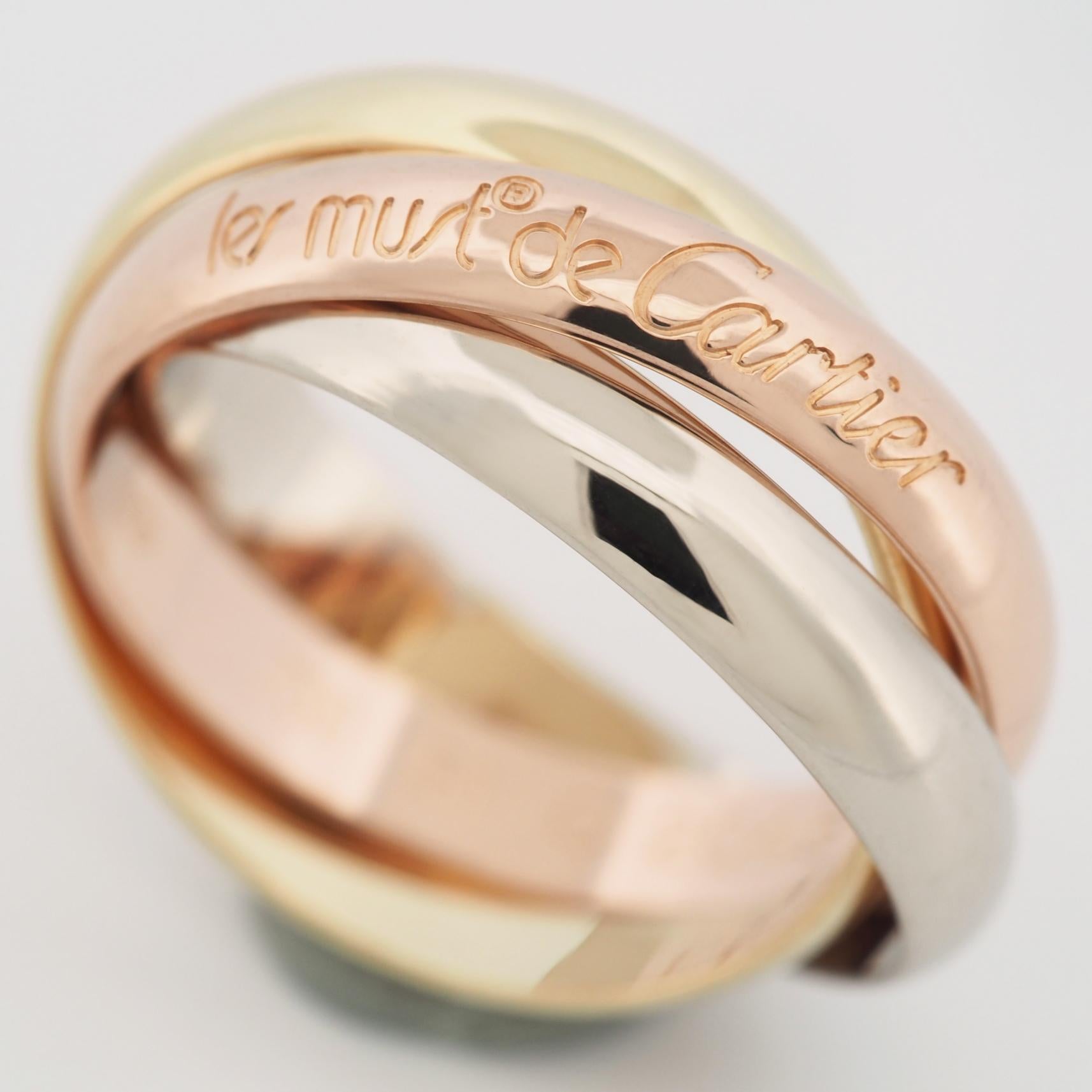 Item: Authentic Cartier 3 Bands Trinity Ring
Stones: ---
Metal: 18K Yellow / Rose / White Gold
Ring Size: 51 US SIZE 5.5 UK SIZE K 1/4
Internal Diameter: 16.15 mm
Measurement: 3.4 mm width ( each band )
Weight: 7.4 Grams
Condition: Used