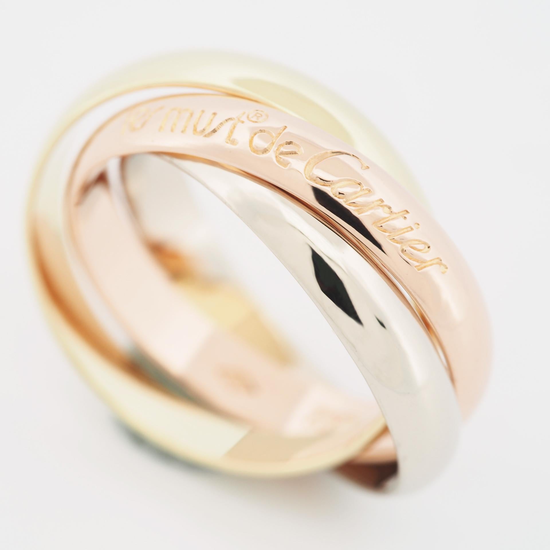 Item: Authentic Cartier 3 Bands Trinity Ring
Stones: ---
Metal: 18K Yellow / Rose / White Gold
Ring Size: 52 US SIZE 5.75 UK SIZE L
Internal Diameter: 16.35 mm
Measurement: 3.4 mm width ( each band )
Weight: 7.8 Grams
Condition: Used