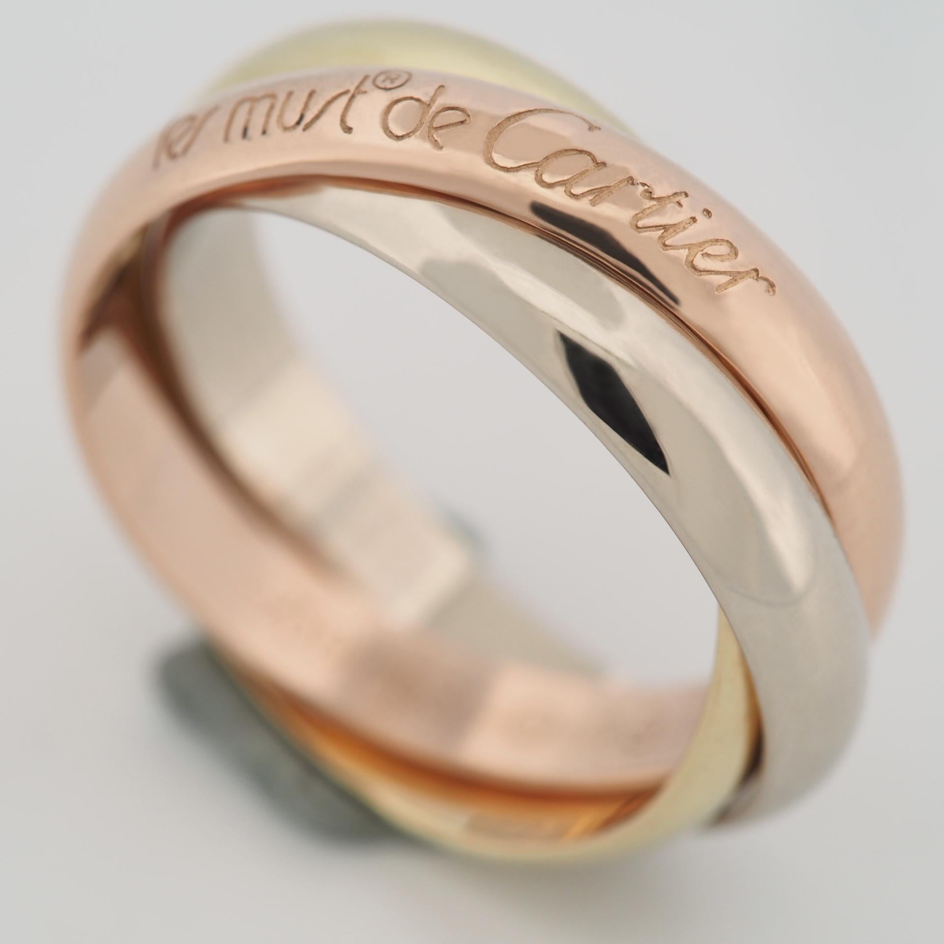 Item: Authentic Cartier 3 Bands Trinity Ring
Stones: ---
Metal: 18K Yellow / Rose / White Gold
Ring Size: 53 US SIZE 6.25 UK SIZE L 3/4
Internal Diameter: 16.75 mm
Measurement: 3.4 mm width ( each band )
Weight: 8.0 Grams
Condition: Used