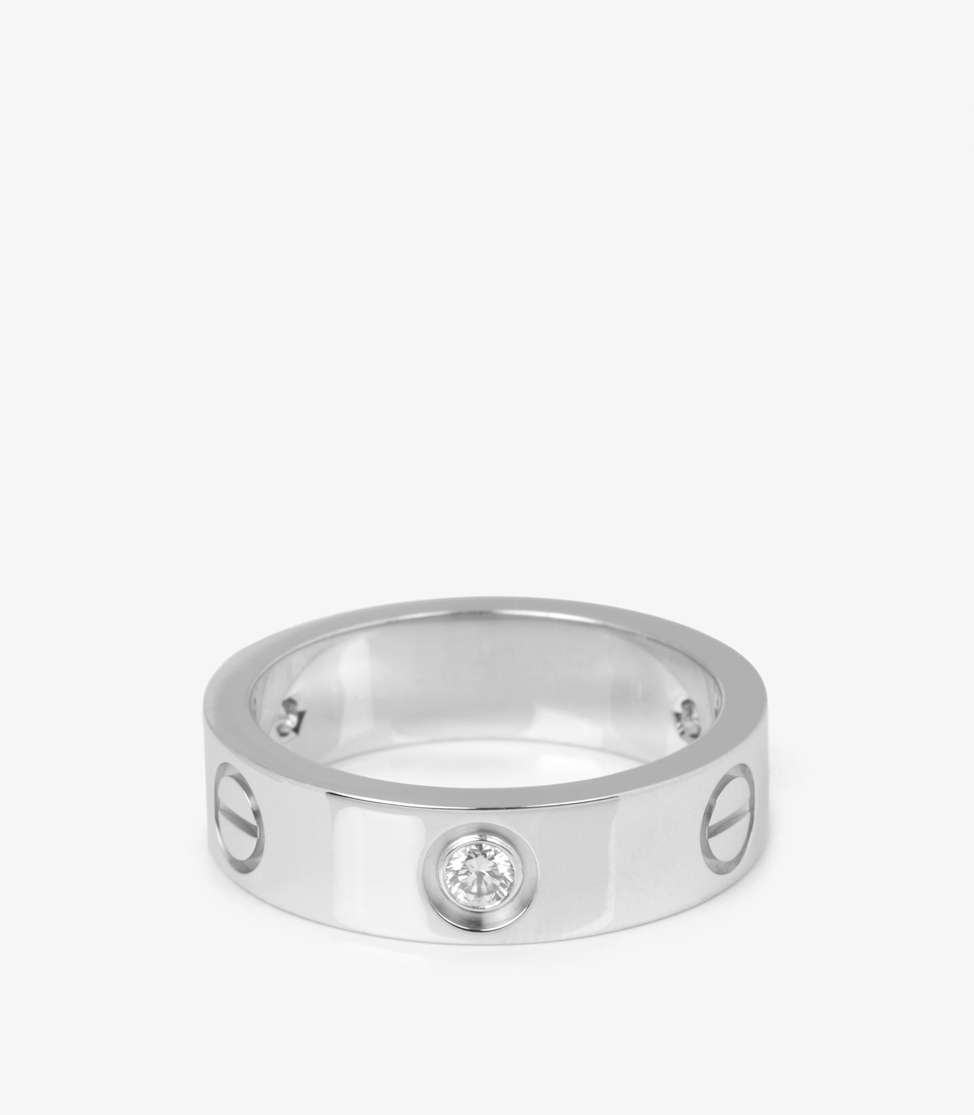 Cartier 3 Diamond 18ct White Gold Love Band Ring

Brand- Cartier
Model- 3 Diamond Love Band Ring
Product Type- Ring
Serial Number- QS****
Age- Circa 2022
Accompanied By- Cartier Box, Certificate
Material(s)- 18ct White Gold
Gemstone- Diamond
UK Ring