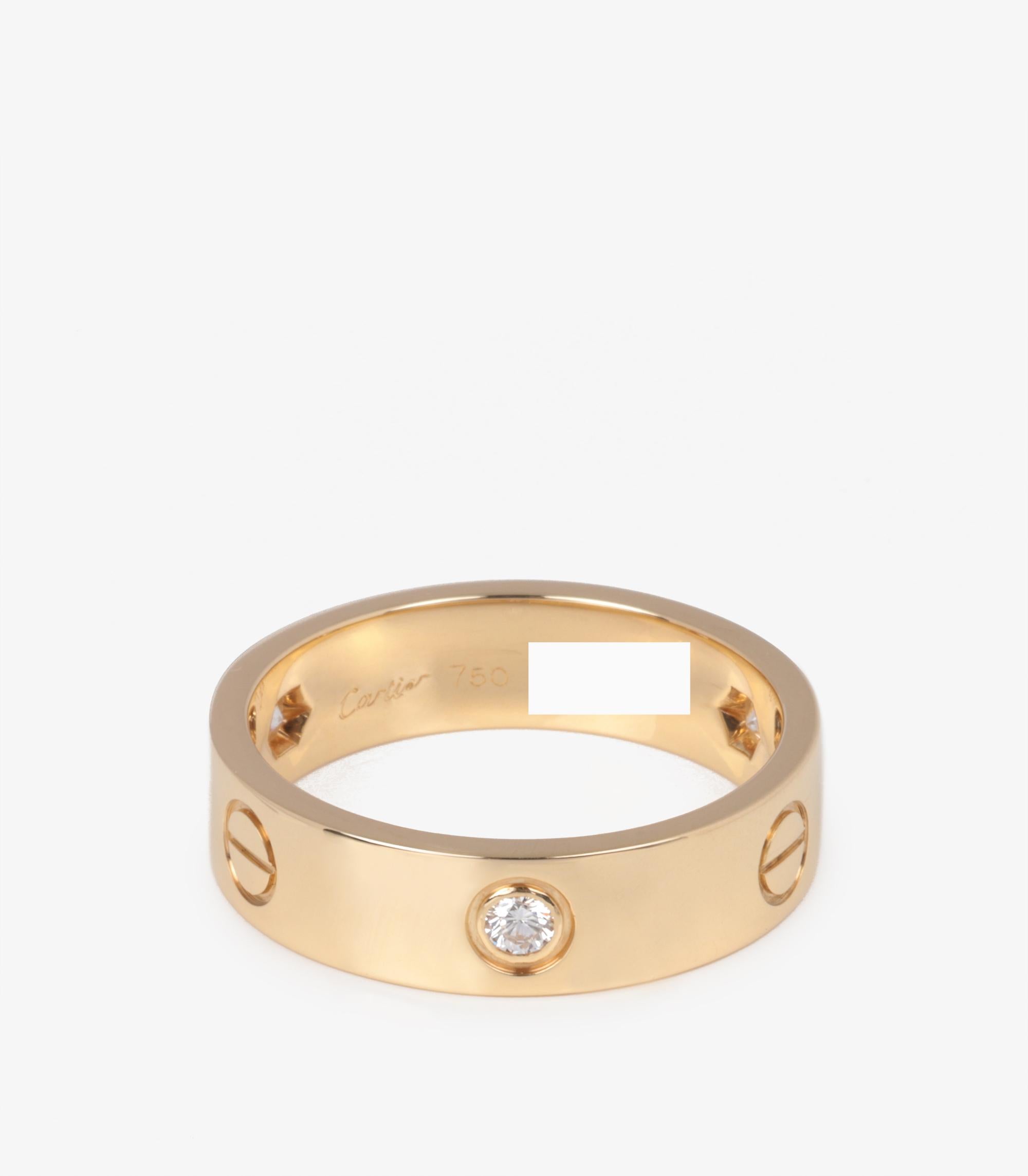 Cartier 3 Diamond 18ct Yellow Gold Love Ring

Brand- Cartier
Model- 3 Diamond Love Band Ring
Product Type- Ring
Serial Number- HL******
Age- Circa 2006
Accompanied By- Cartier Box, Certificate, Receipt
Material(s)- 18ct Yellow Gold
Gemstone-