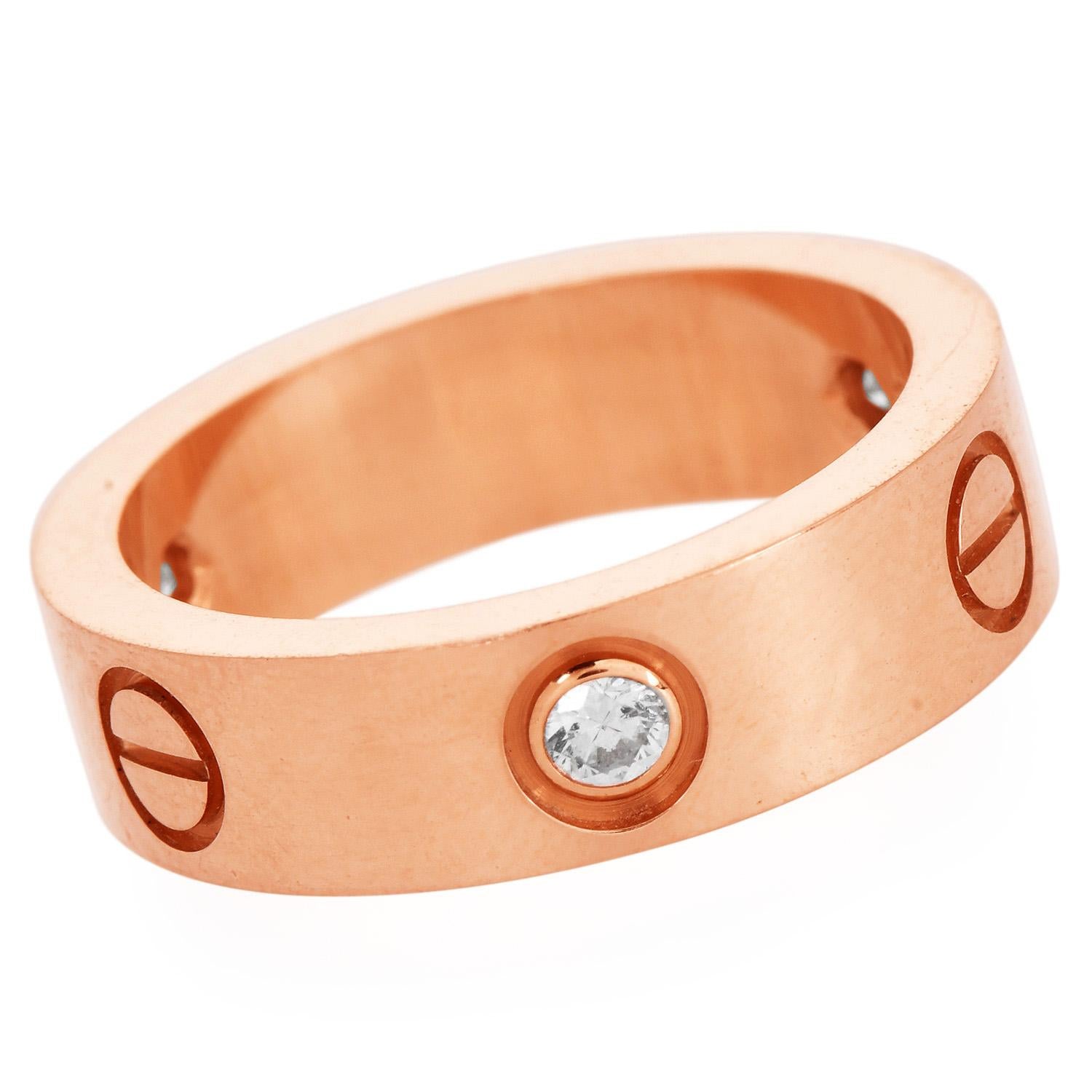 Cartier Love Ring is a symbol of timeless elegance and sophistication from the iconic Love Collection.

This exquisite piece is meticulously crafted from 18K rose (Pink) gold.

The ring is adorned with three brilliant-cut diamonds, collectively