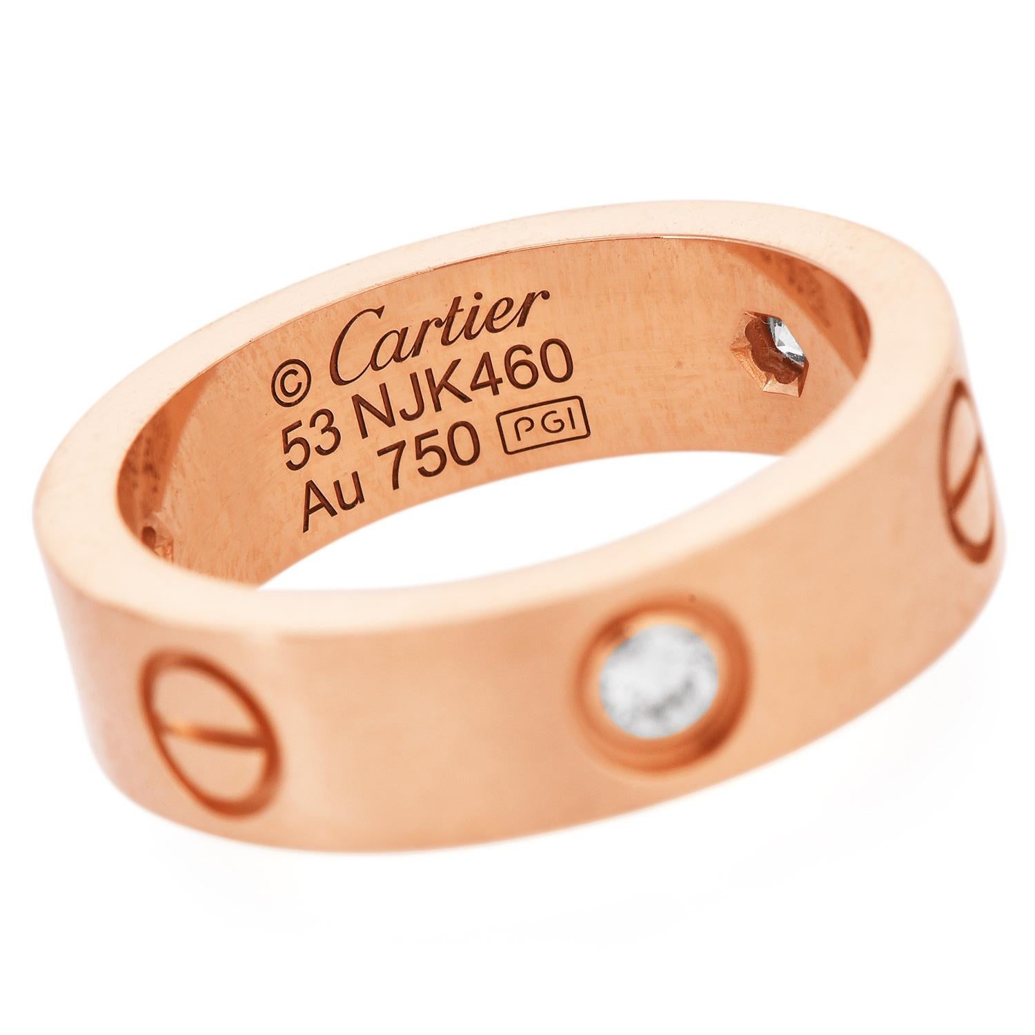Modern Cartier 3 Diamonds 18K Pink Gold Love Band Ring 53