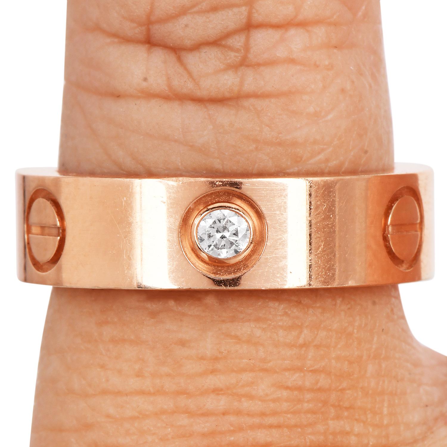 Round Cut Cartier 3 Diamonds 18K Pink Gold Love Band Ring 53