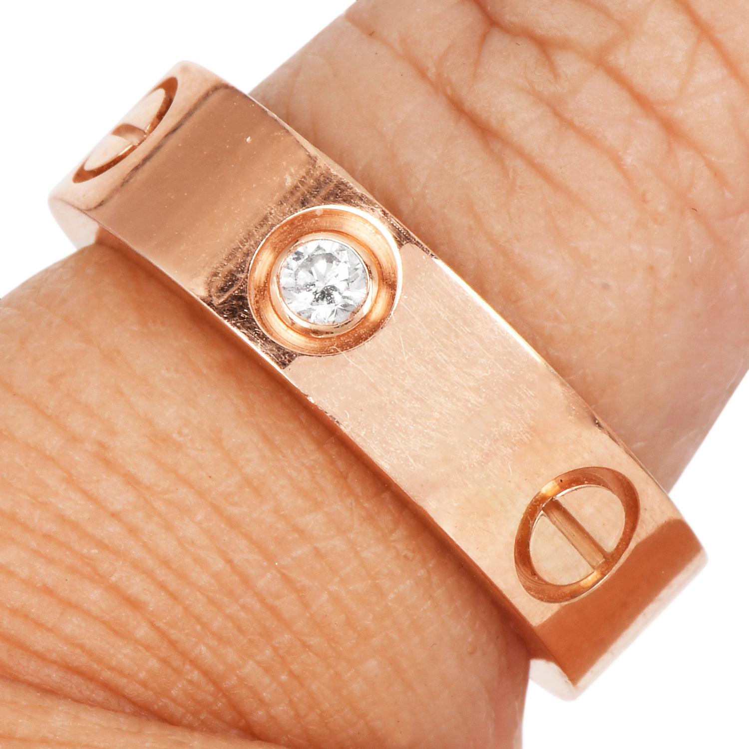 Cartier 3 Diamonds 18K Pink Gold Love Band Ring 53 In Excellent Condition In Miami, FL