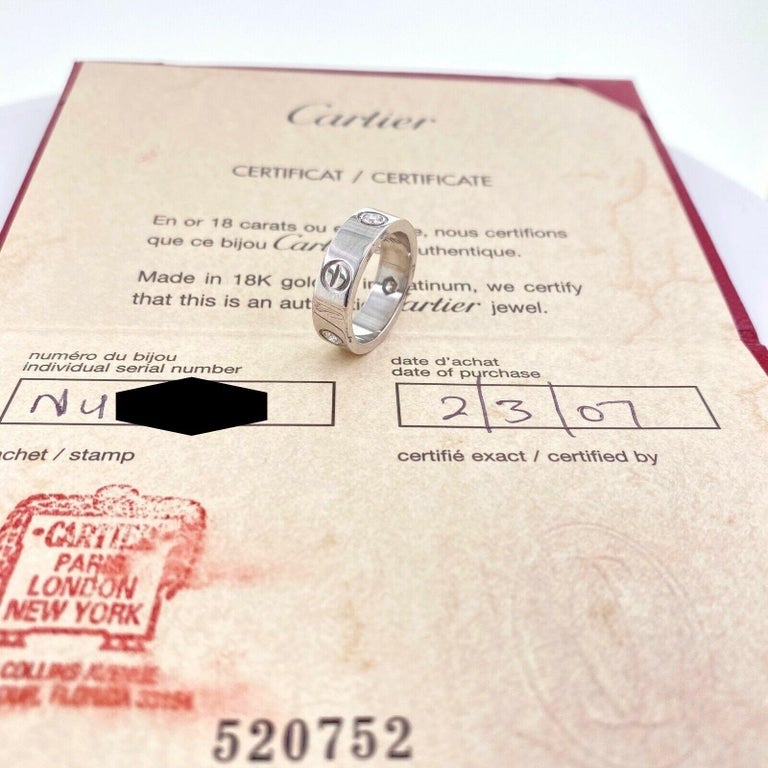 Cartier 3 Diamonds LOVE Ring 18kt White Gold In Excellent Condition For Sale In San Diego, CA