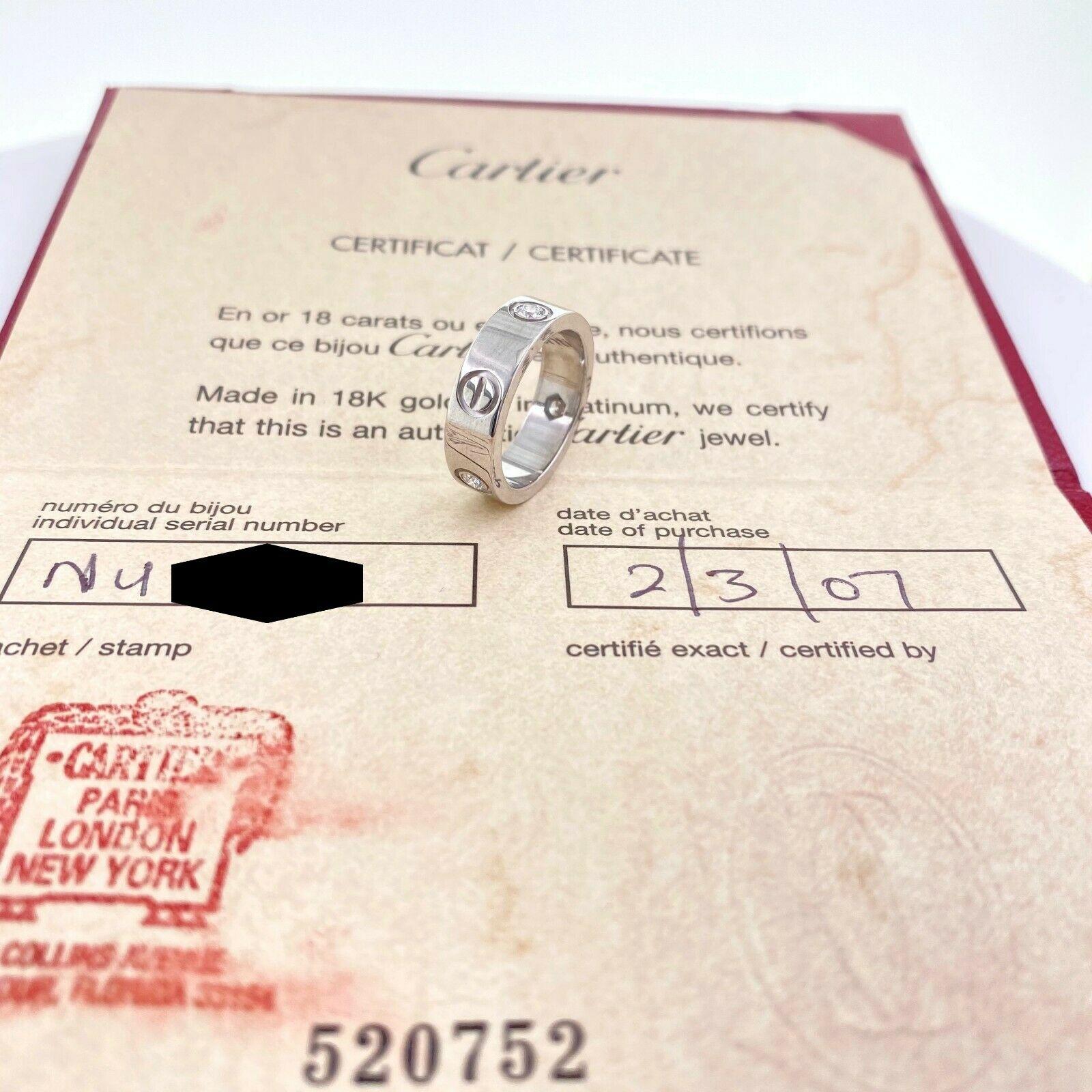 Cartier 3 Diamonds LOVE Ring 18kt White Gold In Excellent Condition For Sale In San Diego, CA