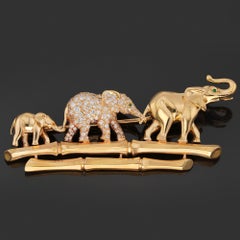 CARTIER 3 Elephants Diamond Yellow Gold Pin Brooch