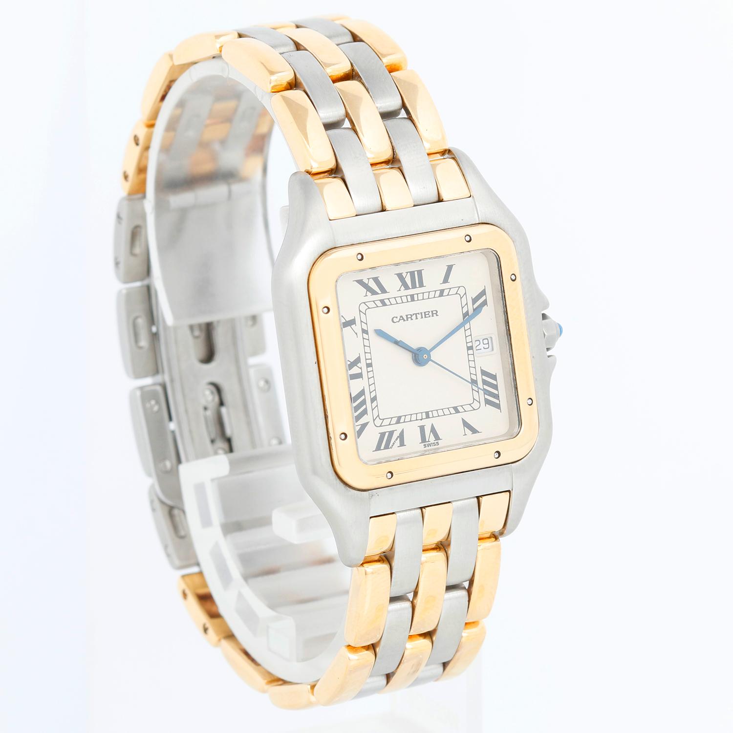 Cartier 3-Row Panther 2-Tone Steel & Gold Jumbo  Watch W25027B8 - Quartz. Stainless steel case with 18k yellow gold bezel (29mm x 40mm). Ivory colored dial with black Roman numerals and date at 3 o'clock. Stainless steel and 18k yellow 3-row Cartier