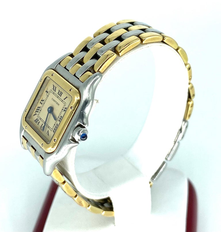 Cartier 3 Row Panthere Women 18k Gold/Steel Wristwatch In Excellent Condition For Sale In Miami, FL