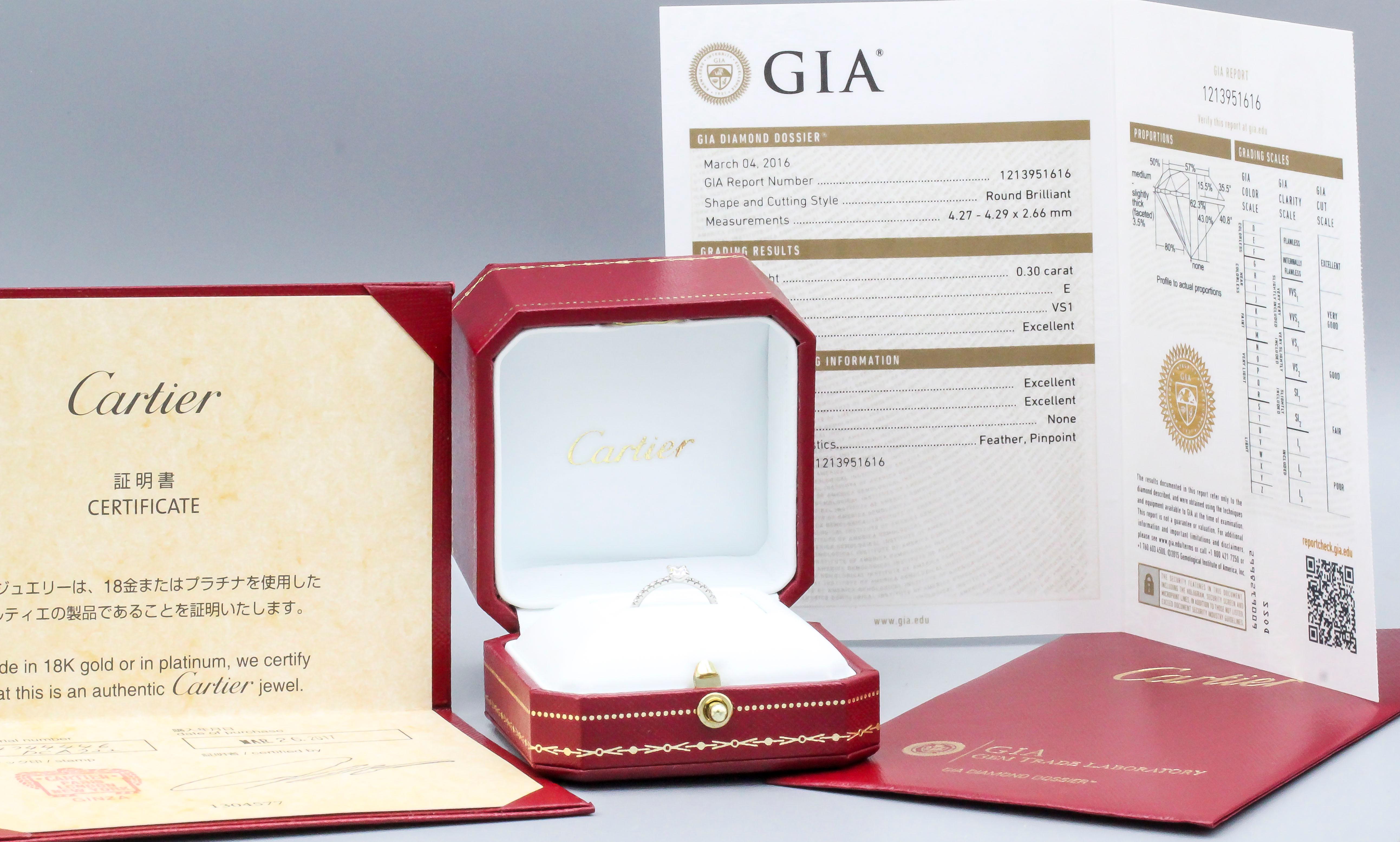 Brilliant Cut Cartier .30 Carat E VS1 Diamond and Platinum Engagement Ring with GIA Report