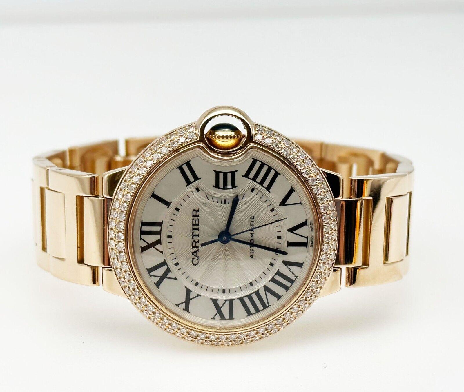 Cartier 3003 Ballon Bleu Original Diamant-Lünette römisches Zifferblatt 18K Roségold im Zustand „Hervorragend“ in San Diego, CA