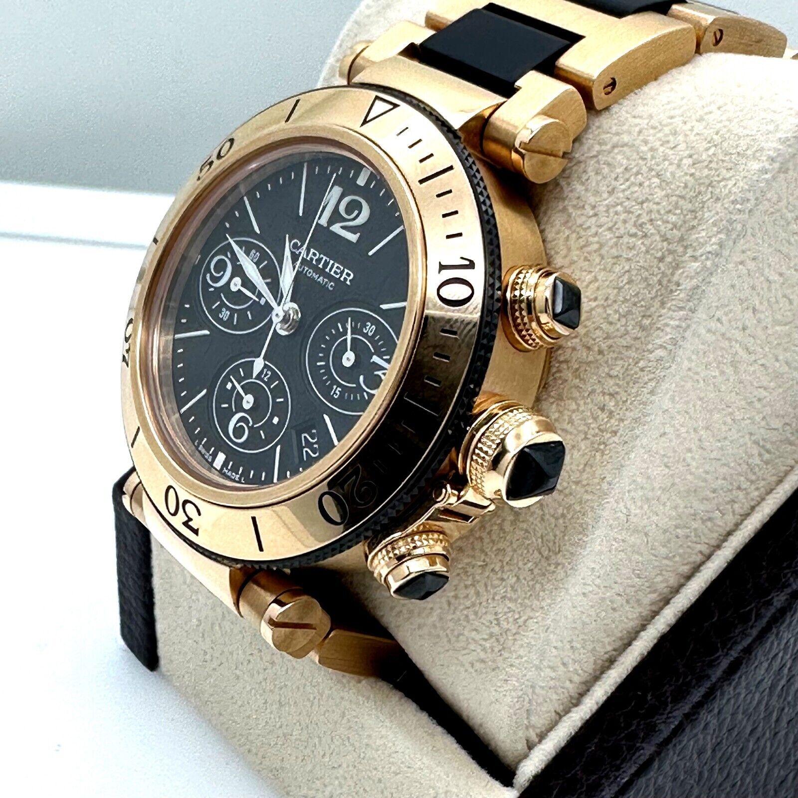 Style Number: 3066

Year: 2019

Model: Pasha Seatimer Chronograph

Case Material: 18K Rose Gold

Band: 18K Rose Gold & Ceramic

Bezel:  18K Rose Gold

Dial: Black

Face: Sapphire Crystal

Case Size: 42mm 

Includes: 

-Cartier Box &