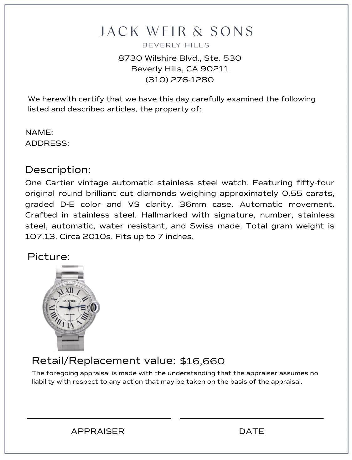 Cartier 36mm Ballon Bleu stainless steel diamond watch en vente 1