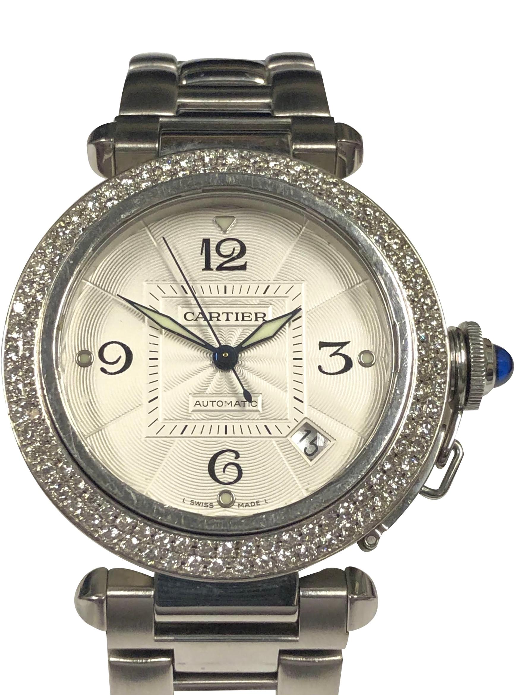 Round Cut Cartier Pasha Steel Diamond Bezel Automatic Wristwatch