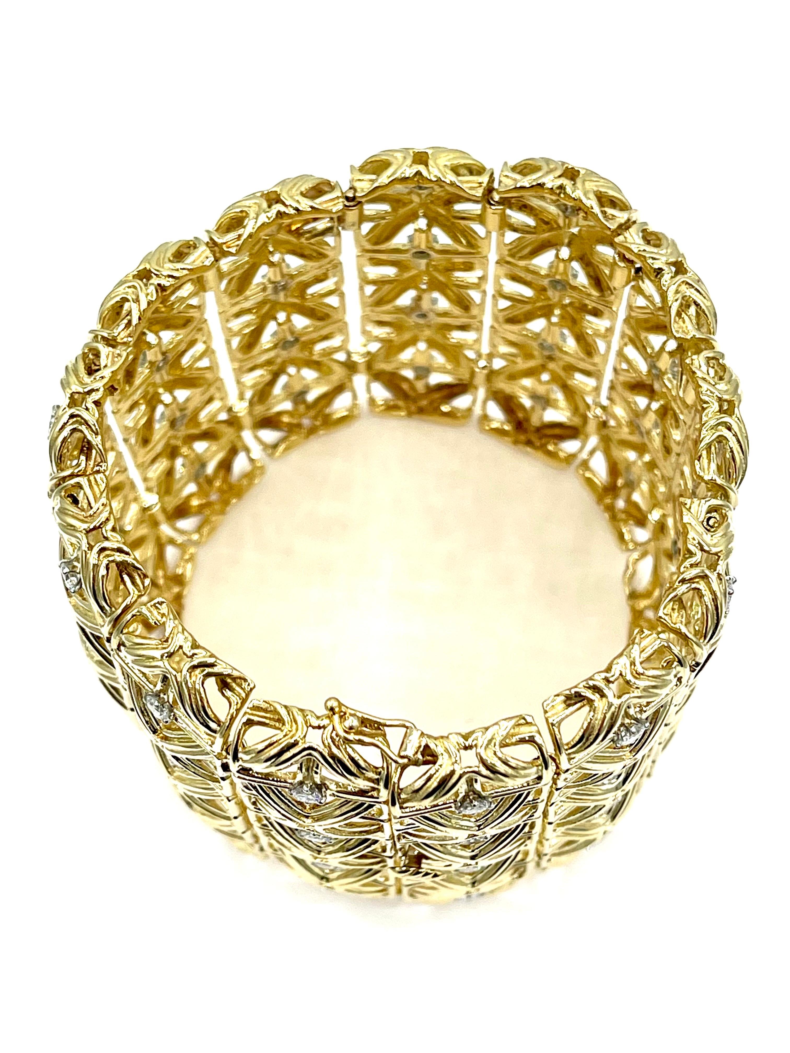 Women's or Men's Cartier 3.92 Carat Round Brilliant Diamond 18K Yellow Gold Wide Bracelet For Sale