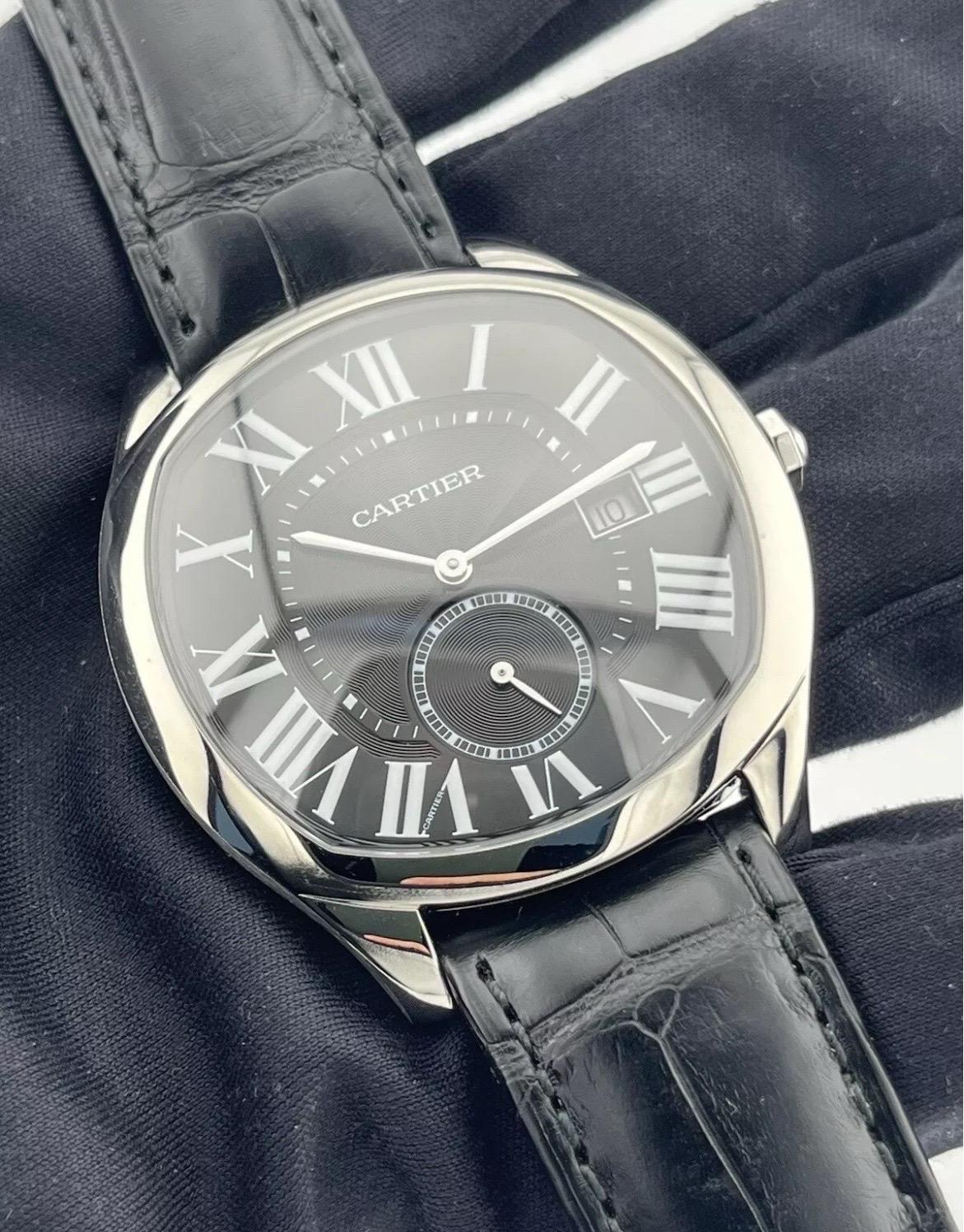 Understated elegance meets refined craftsmanship in the Cartier Drive de Cartier Ref. 3930—a timepiece designed for the discerning gentleman. Featuring a polished 41mm stainless steel cushion-shaped case, this watch embodies Cartier’s signature