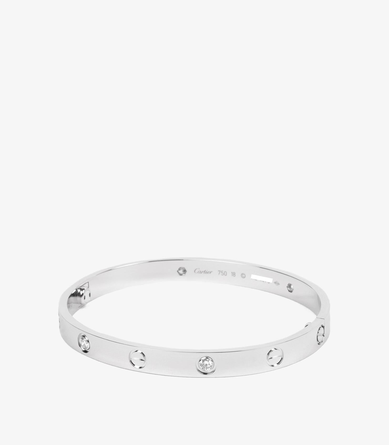 Cartier 4 Diamond 18ct White Gold Love Bangle

Product Details
Xupes Ref: J1450
Brand: Cartier
Model:  4 Diamond Love Bangle
Type: Bracelet
Serial Number: R*****
RRP: £12,200
Accompanied By: Cartier Pouch, Screwdriver, Service Papers
Material(s):