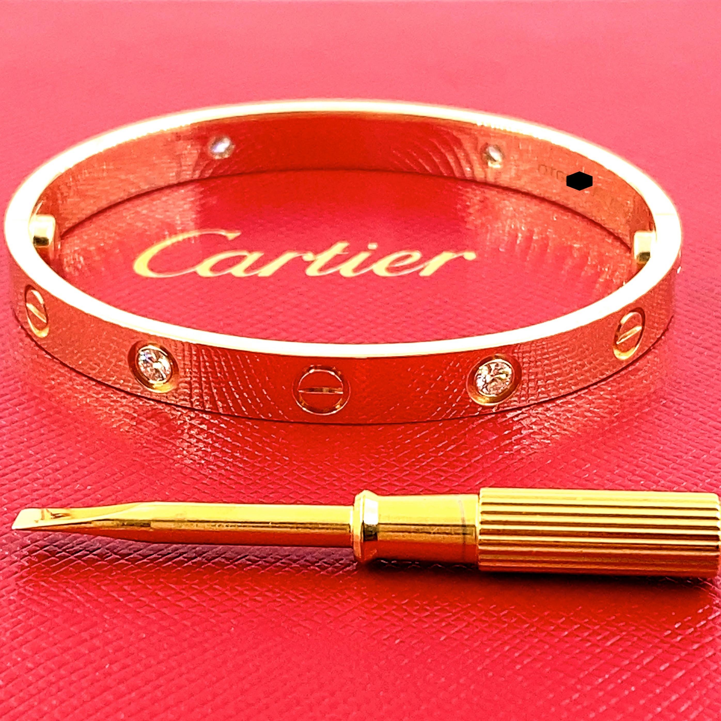 Cartier 4 Diamond Love Bangle Bracelet with Box 18kt Yellow Gold SZ 16 For Sale 5