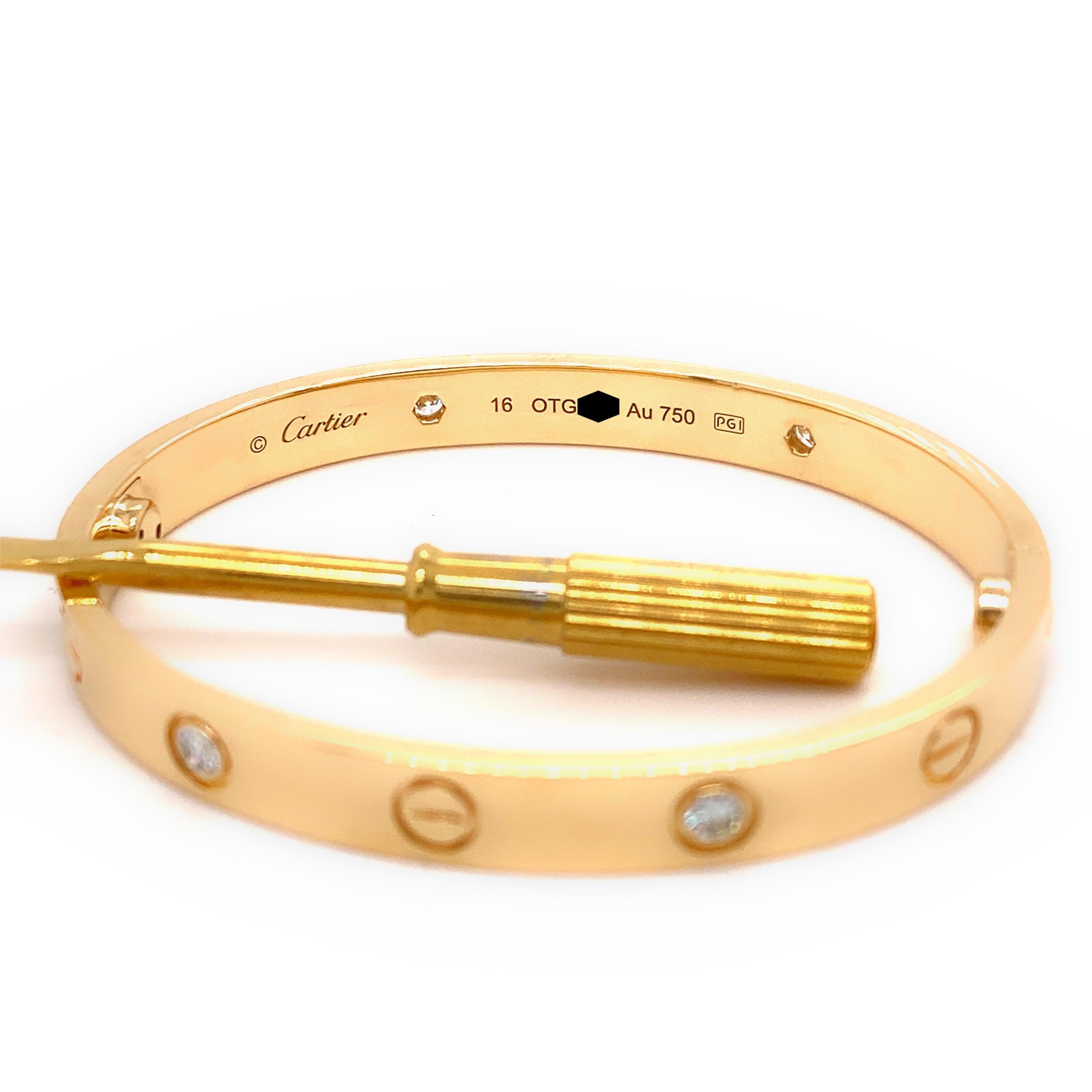 Cartier 4 Diamond Love Bangle Bracelet with Box 18kt Yellow Gold SZ 16 For Sale 7