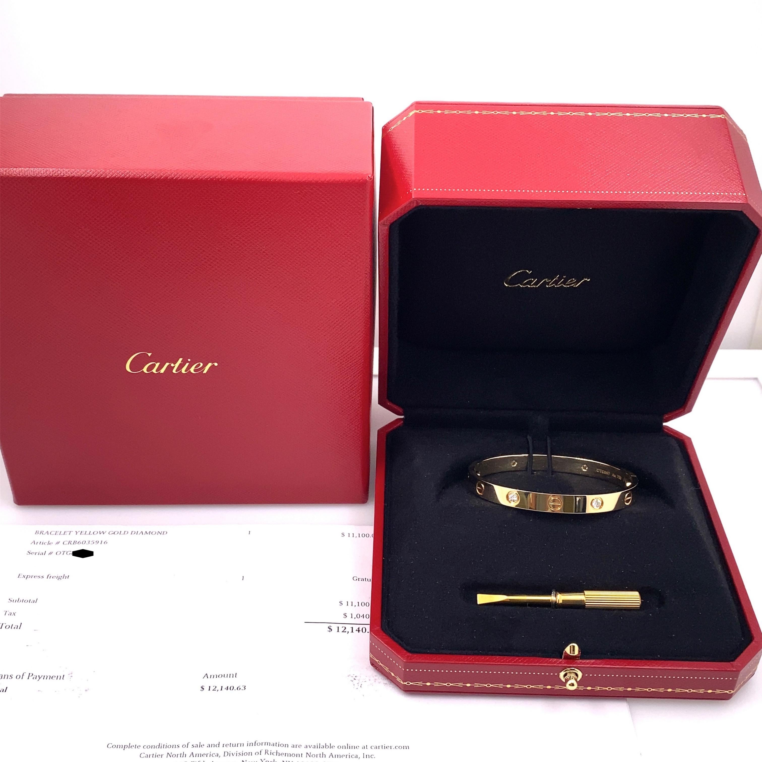 Cartier 4 Diamond Love Bangle Bracelet 
Style:  Bangle
Ref. number:  CRB6035916
Metal:  18K Yellow Gold
Size:  16
Diamonds:  4 Round Brilliant Diamonds 0.42 tcw
Width:  6.1 MM  
Hallmark:  © Cartier 16 OTG*** Au750
Includes:  Cartier Receipt -