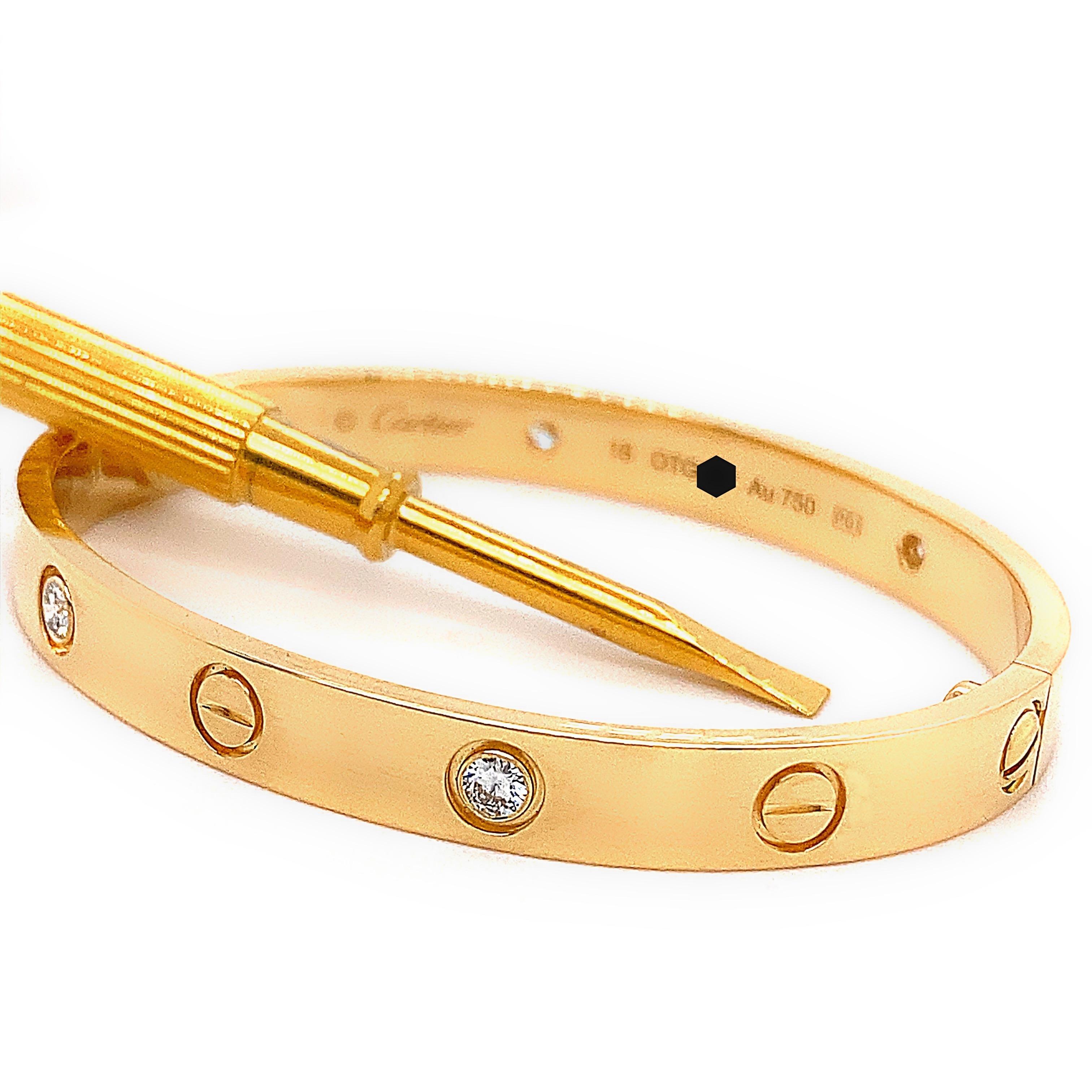 Round Cut Cartier 4 Diamond Love Bangle Bracelet with Box 18kt Yellow Gold SZ 16 For Sale