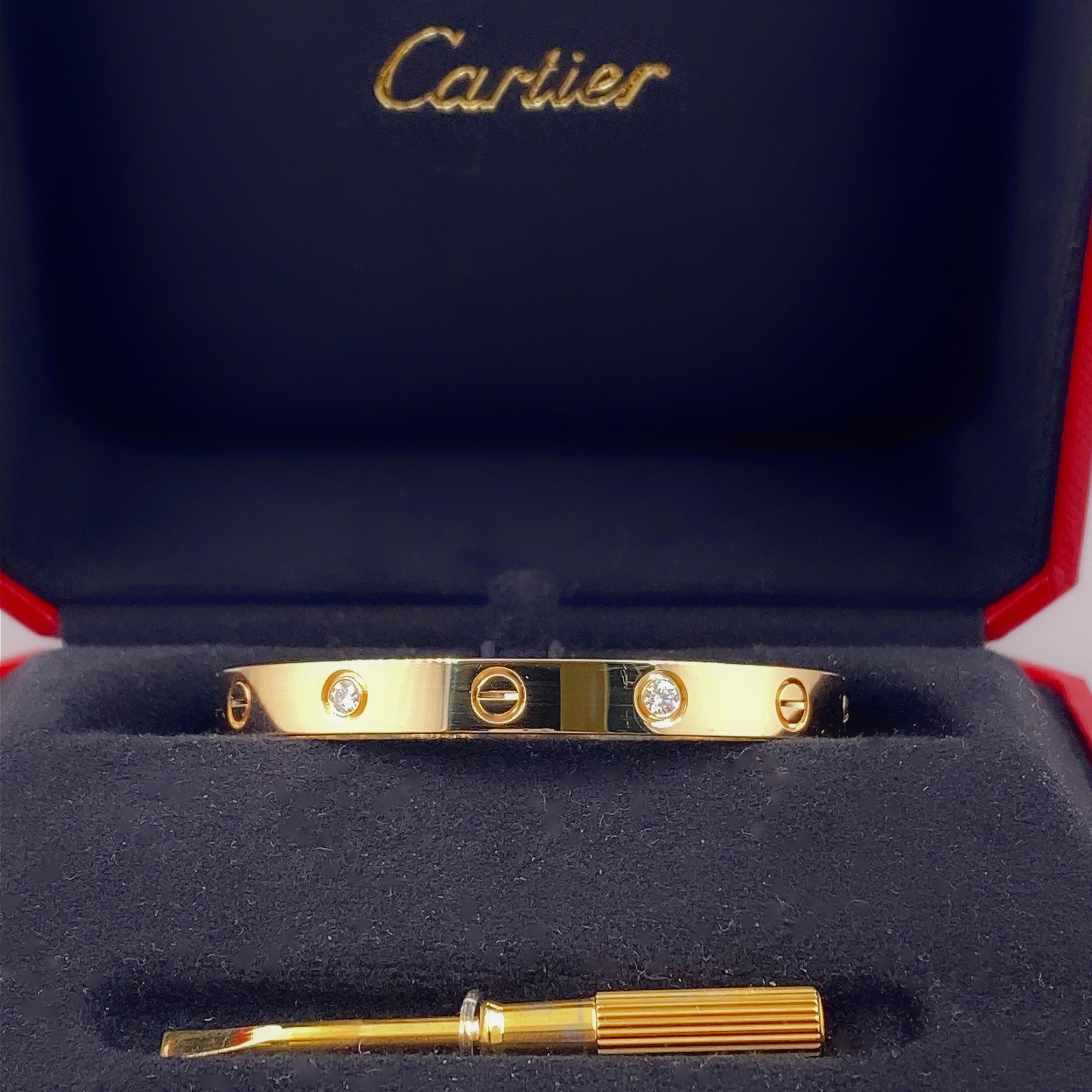 Women's or Men's Cartier 4 Diamond Love Bangle Bracelet with Box 18kt Yellow Gold SZ 16 For Sale