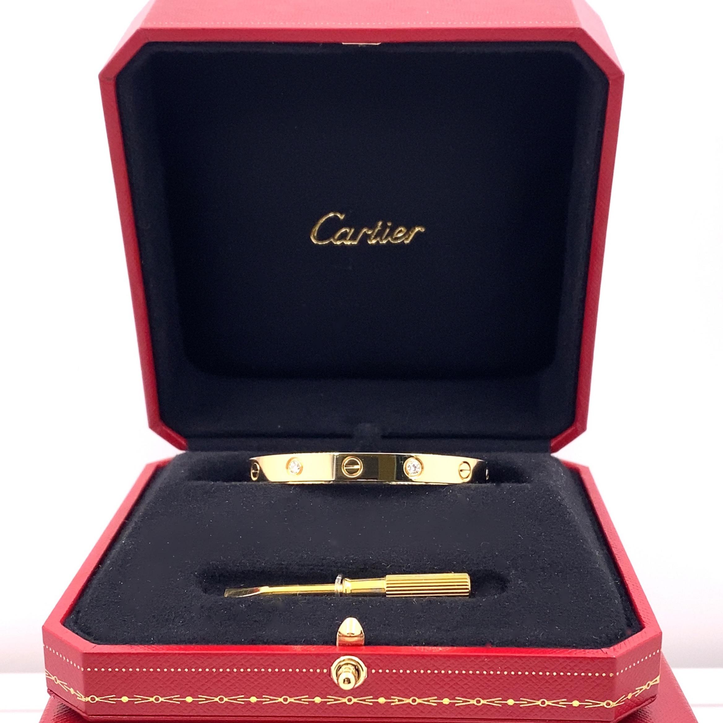 Women's or Men's Cartier 4 Diamond Love Bangle Bracelet with Box 18kt Yellow Gold SZ 16 For Sale