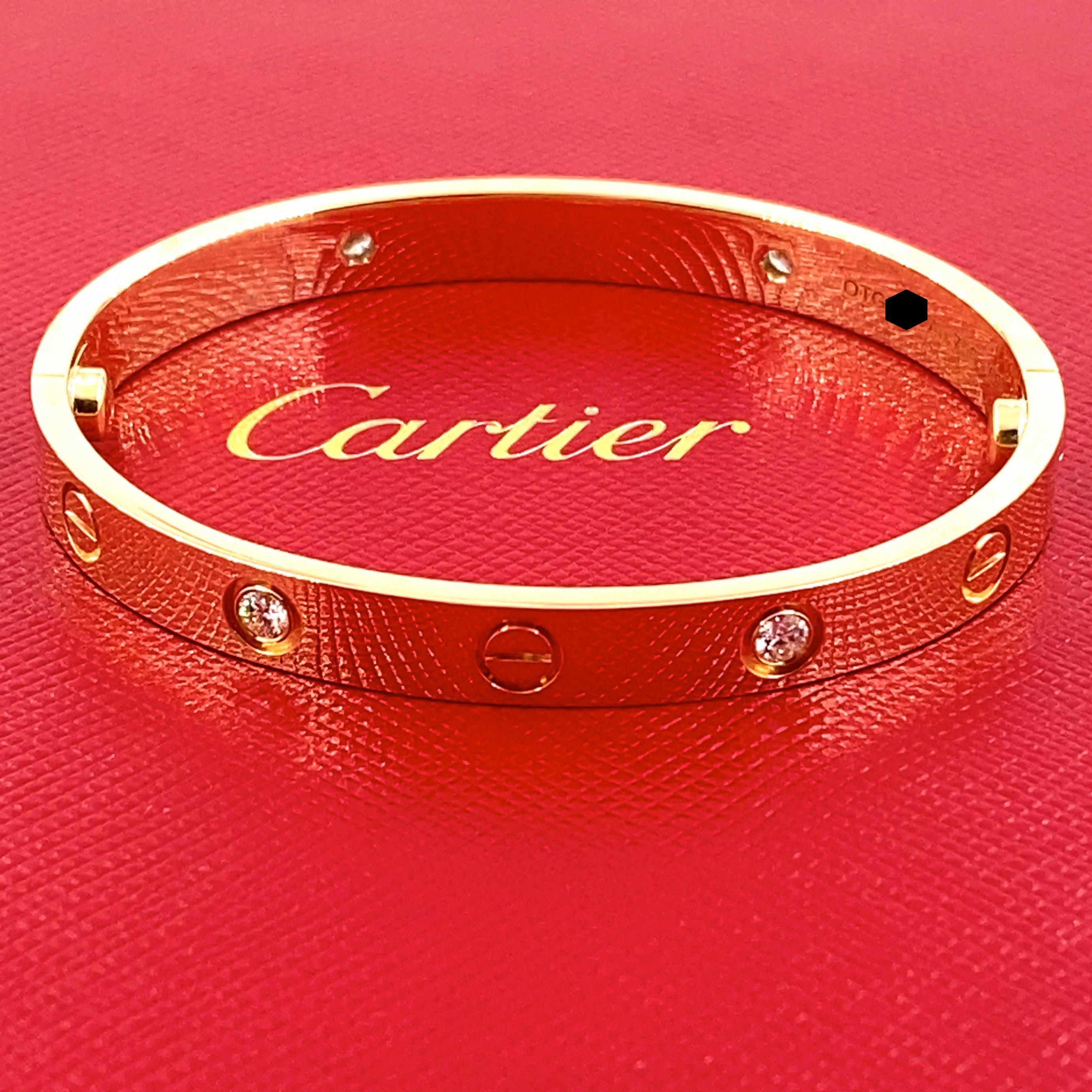 Cartier 4 Diamond Love Bangle Bracelet with Box 18kt Yellow Gold SZ 16 For Sale 2