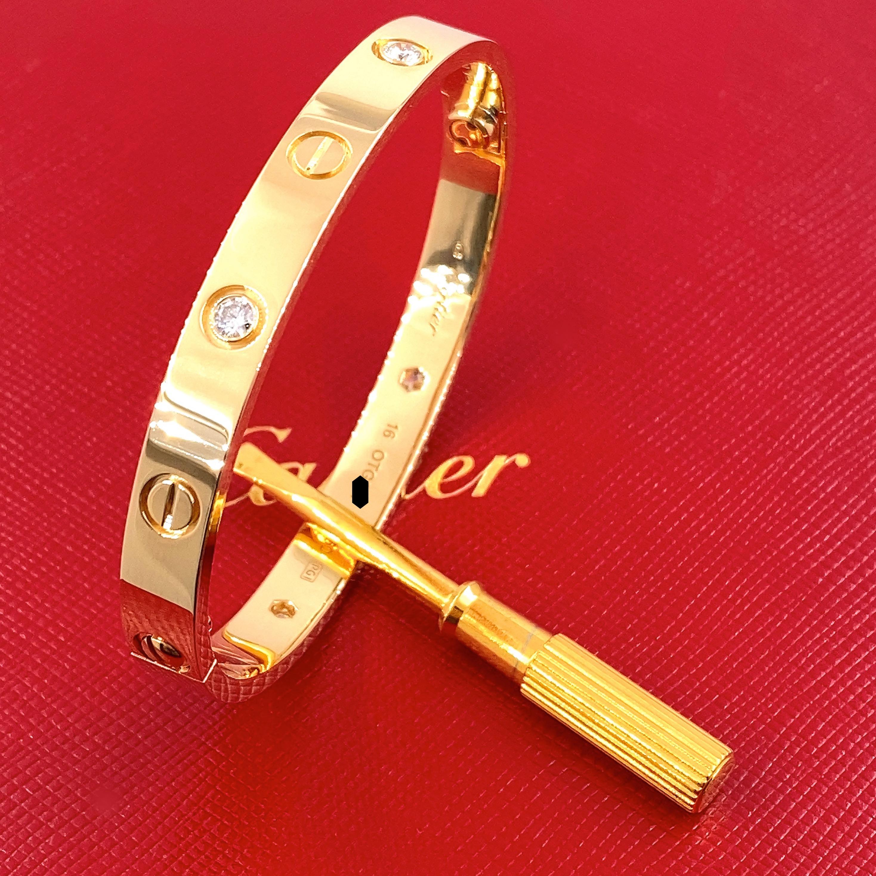 Cartier 4 Diamond Love Bangle Bracelet with Box 18kt Yellow Gold SZ 16 For Sale 3