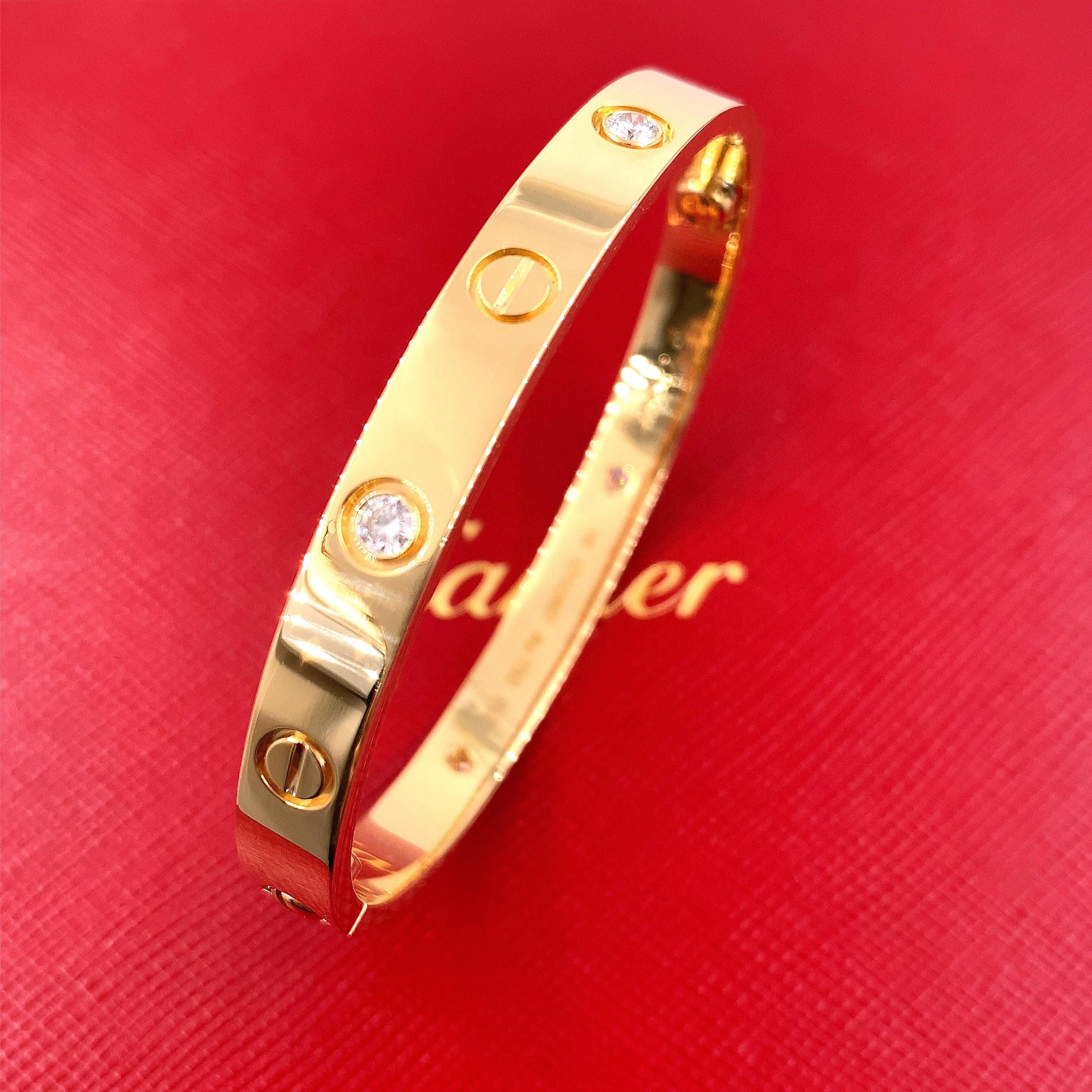 Cartier 4 Diamond Love Bangle Bracelet with Box 18kt Yellow Gold SZ 16 For Sale 3