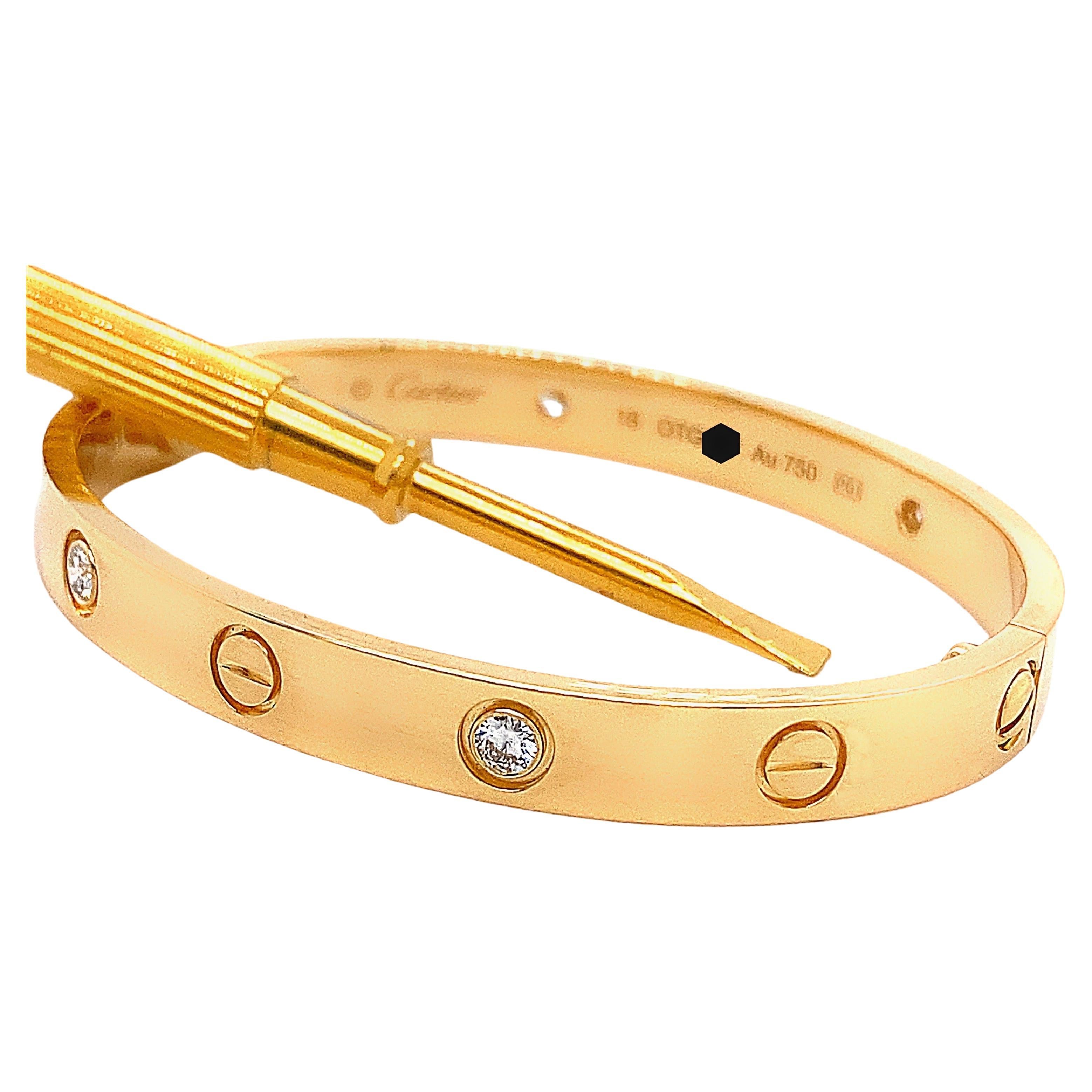 Cartier 4 Diamond Love Bangle Bracelet with Box 18kt Yellow Gold SZ 16 For Sale