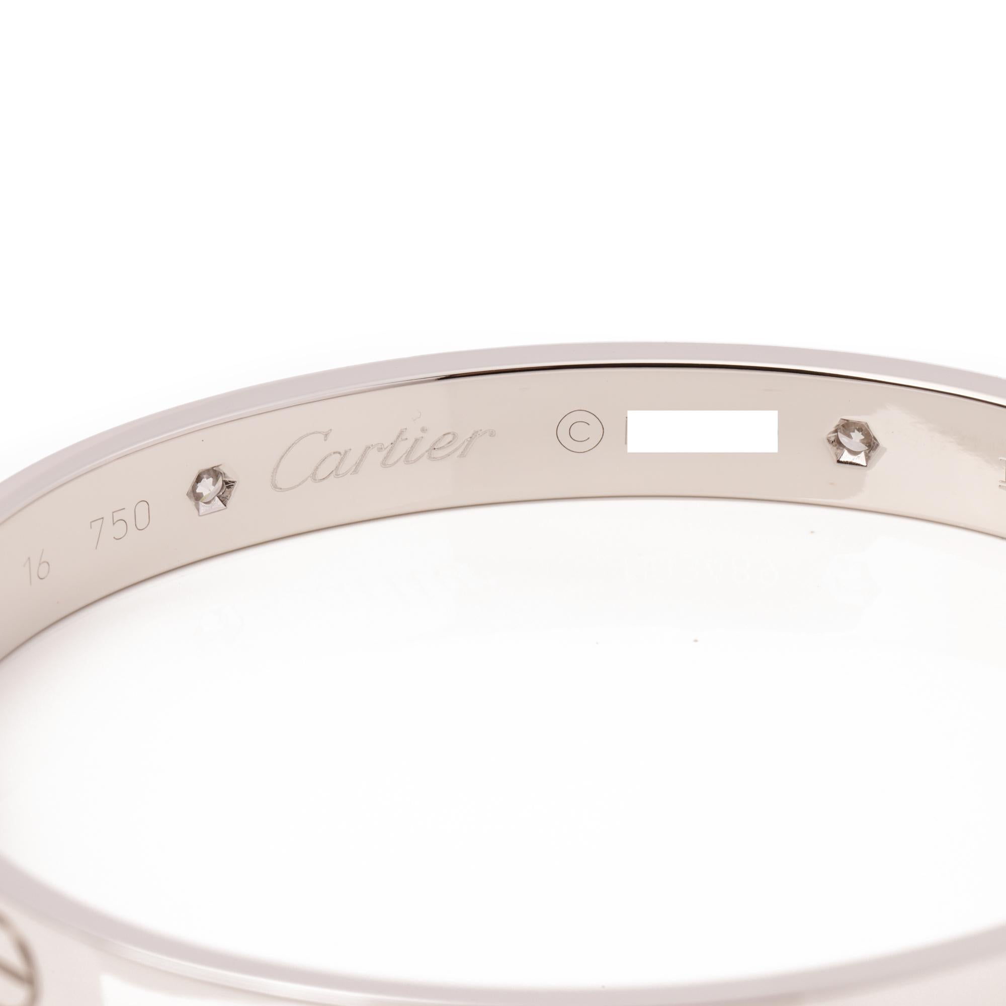 This bangle by Cartier is from their Love collection and is made in 18ct white gold featuring four diamond with Cartier's iconic screw details. Accompanied with a Cartier box. 

ITEM