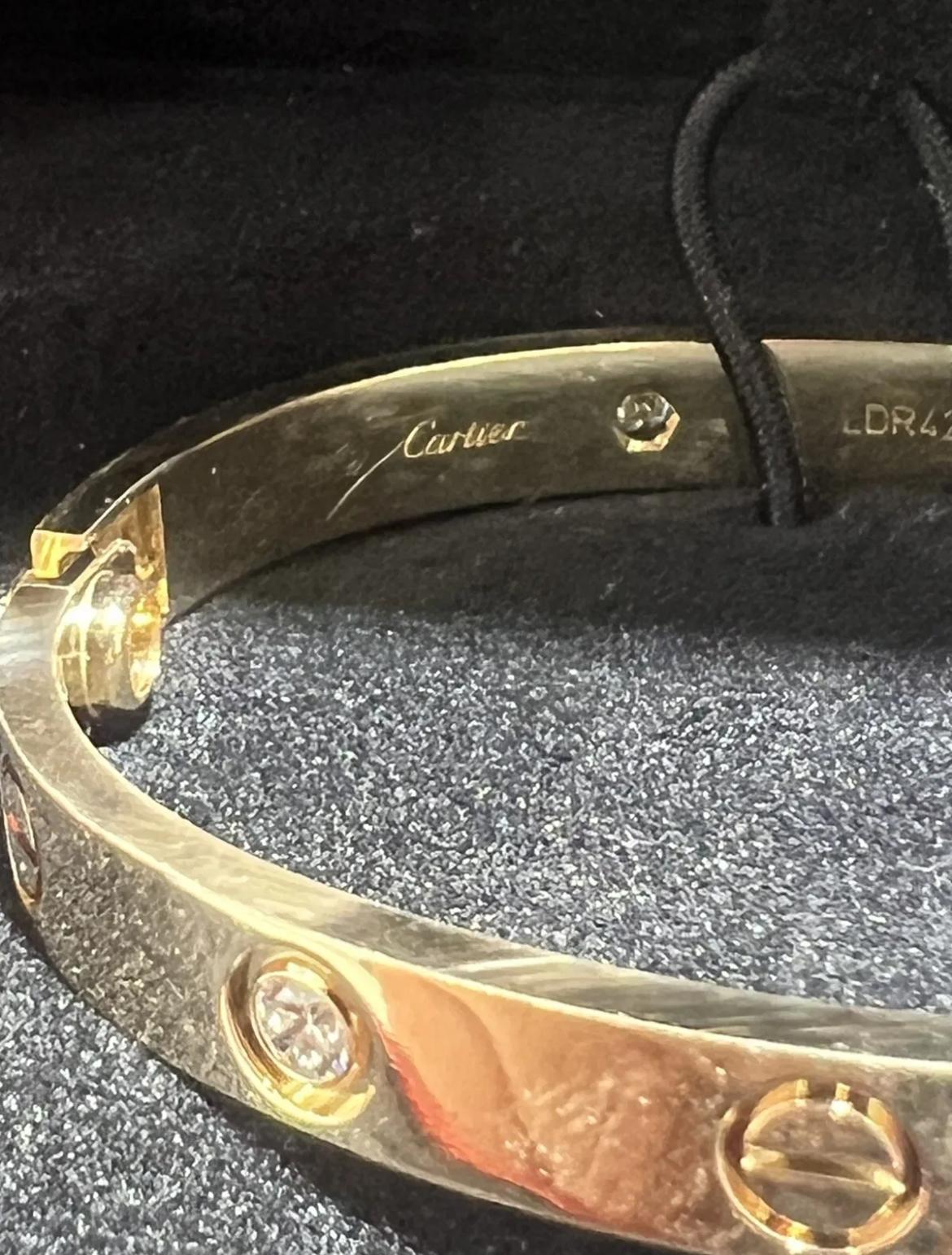 Round Cut Cartier 4 Diamond Love Bracelet 18kt Yellow Gold Size 15 With Box and Papers