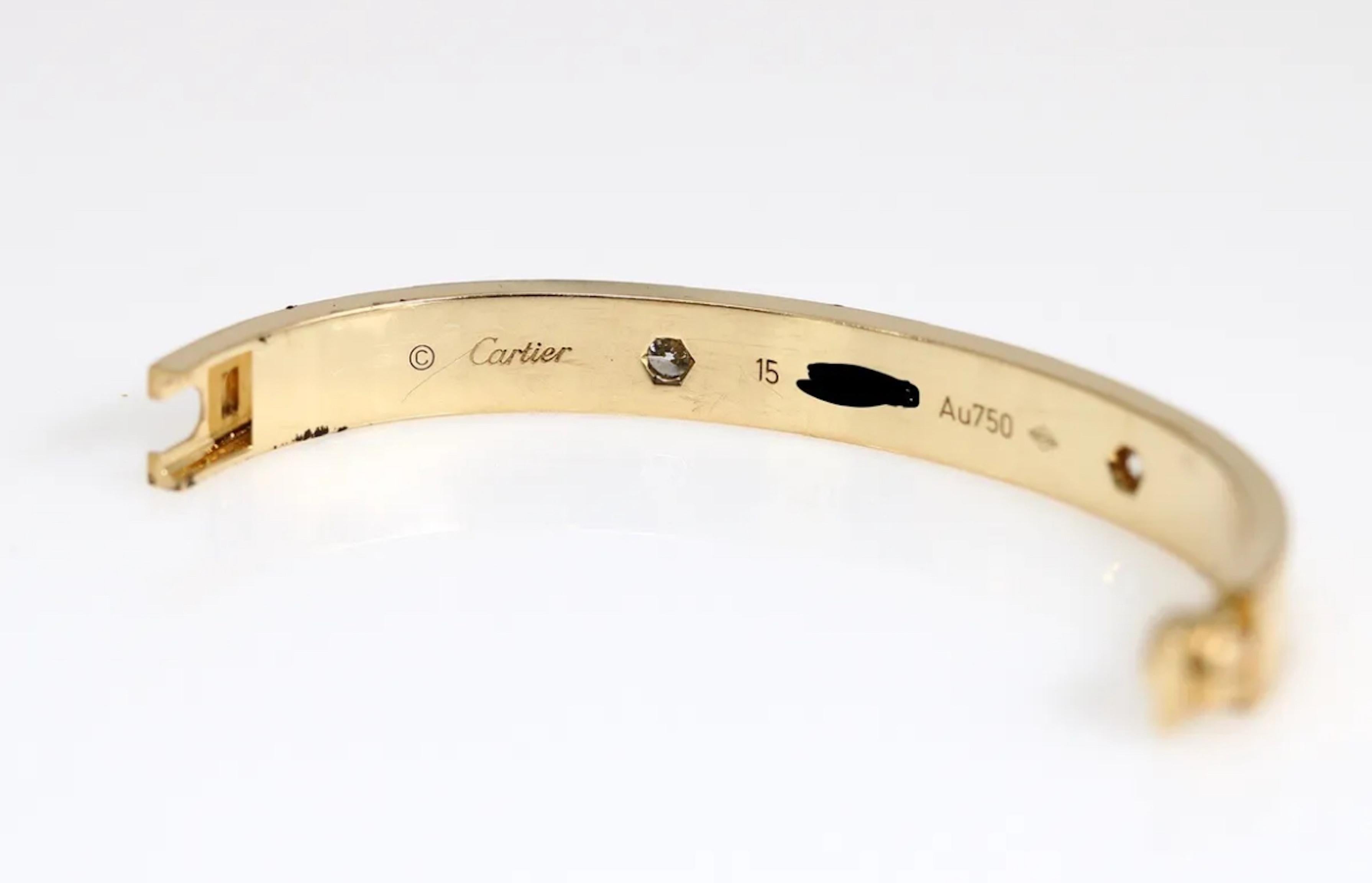 Cartier 4 Diamond Love Bracelet 18kt Yellow Gold Size 15 With Box and Papers In Excellent Condition In Great Neck, NY