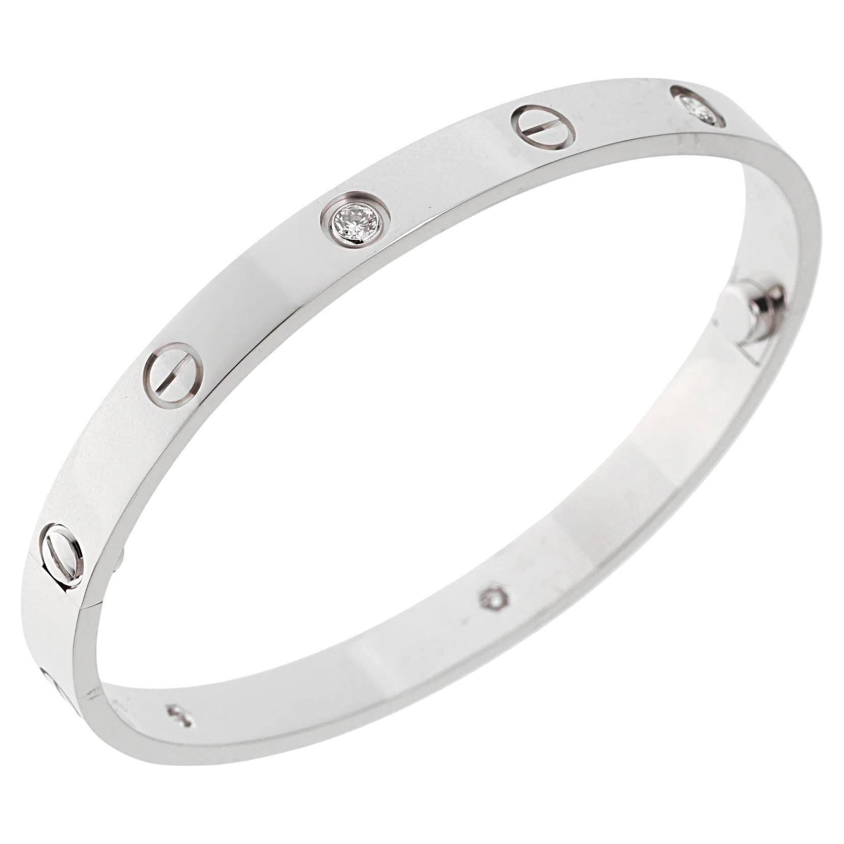 Cartier 4 Diamond Love Classic White Gold Bangle Bracelet Sz 18