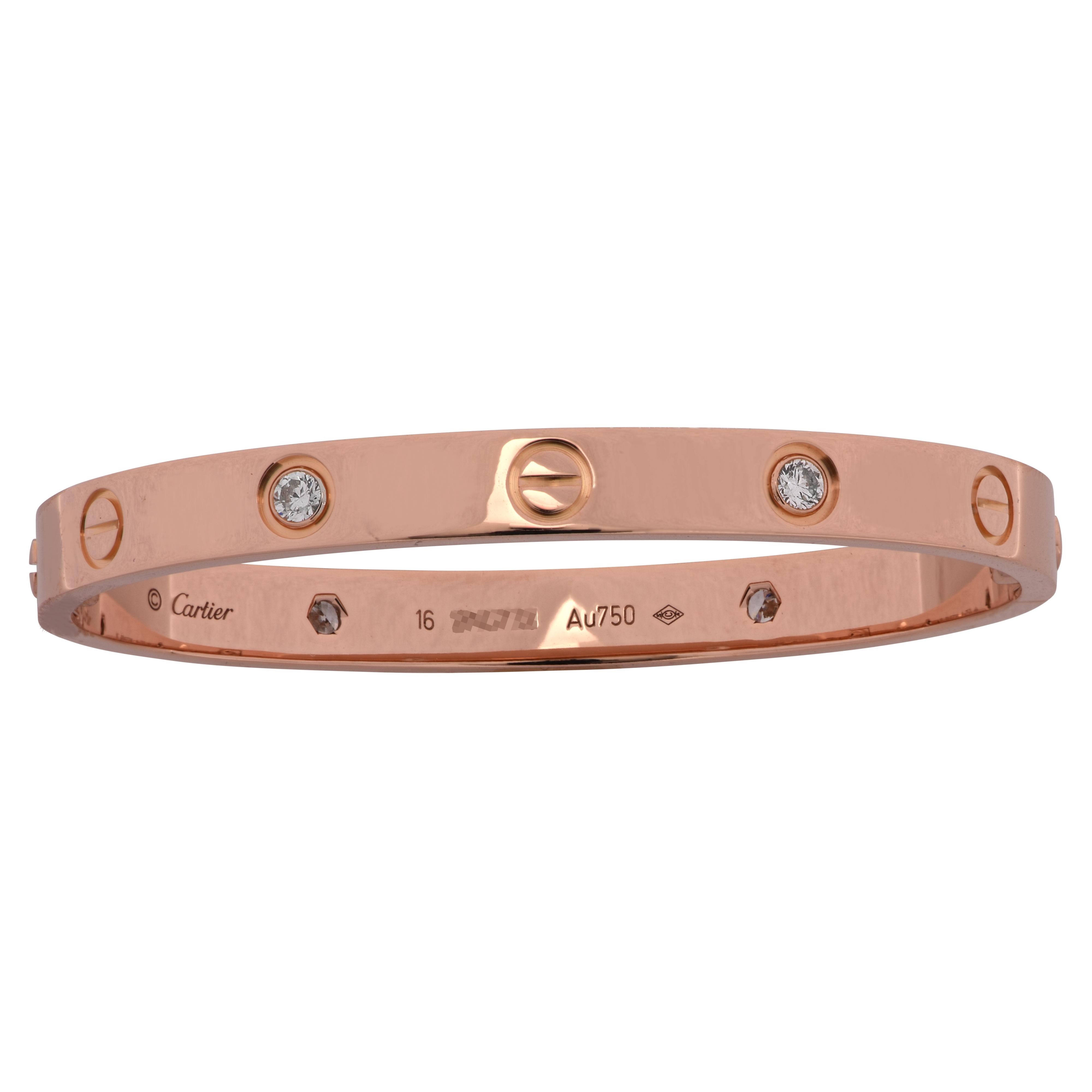 Cartier LOVE bracelet crafted in 18 Karat Rose Gold, featuring 4 round brilliant cut diamonds. The Cartier love collection has created a timeless tribute to the symbol of love that transcends through an iconic style originating from the 1970s. The