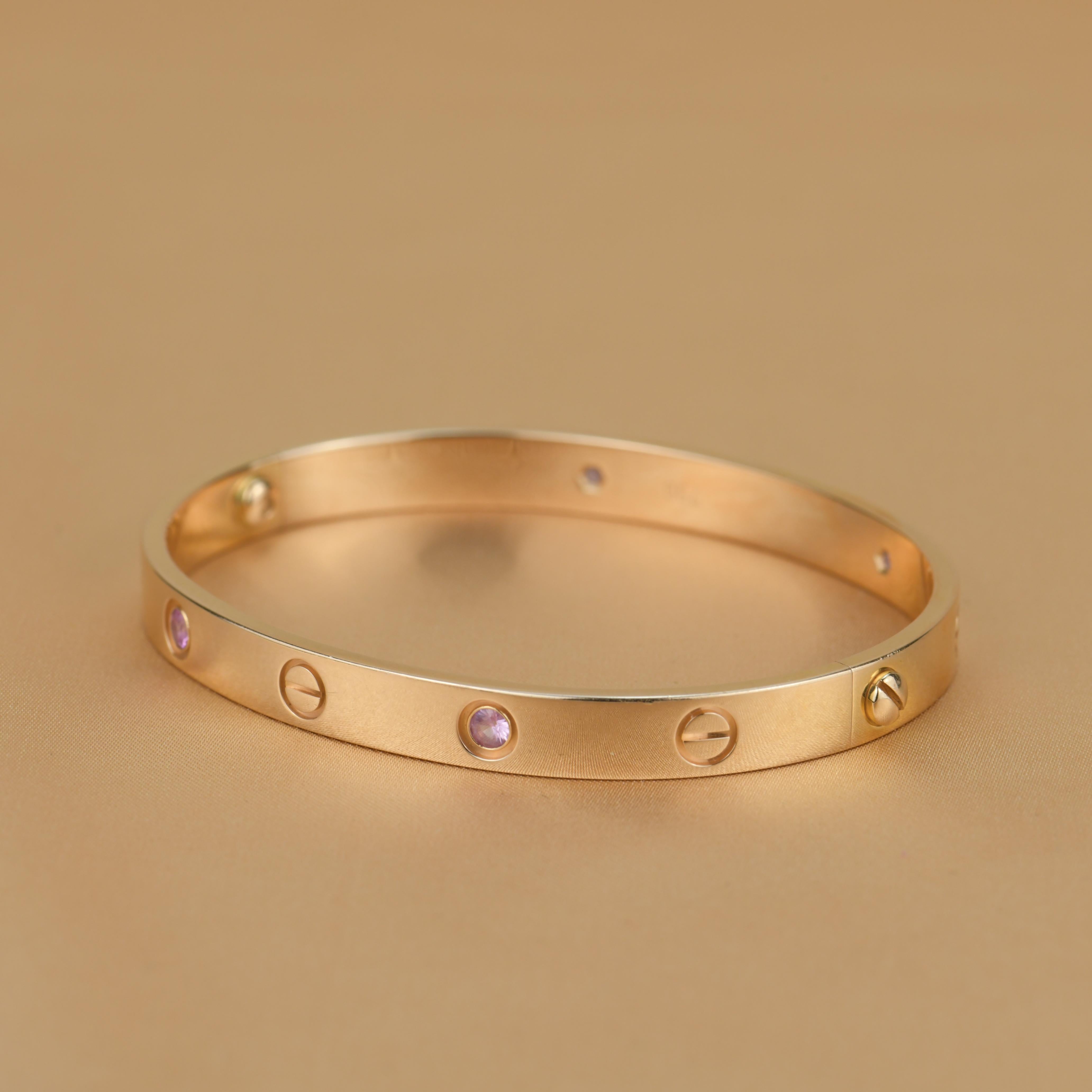 Cartier 4 Pink Sapphire Love Bracelet in Rose Gold In Excellent Condition In Banbury, GB