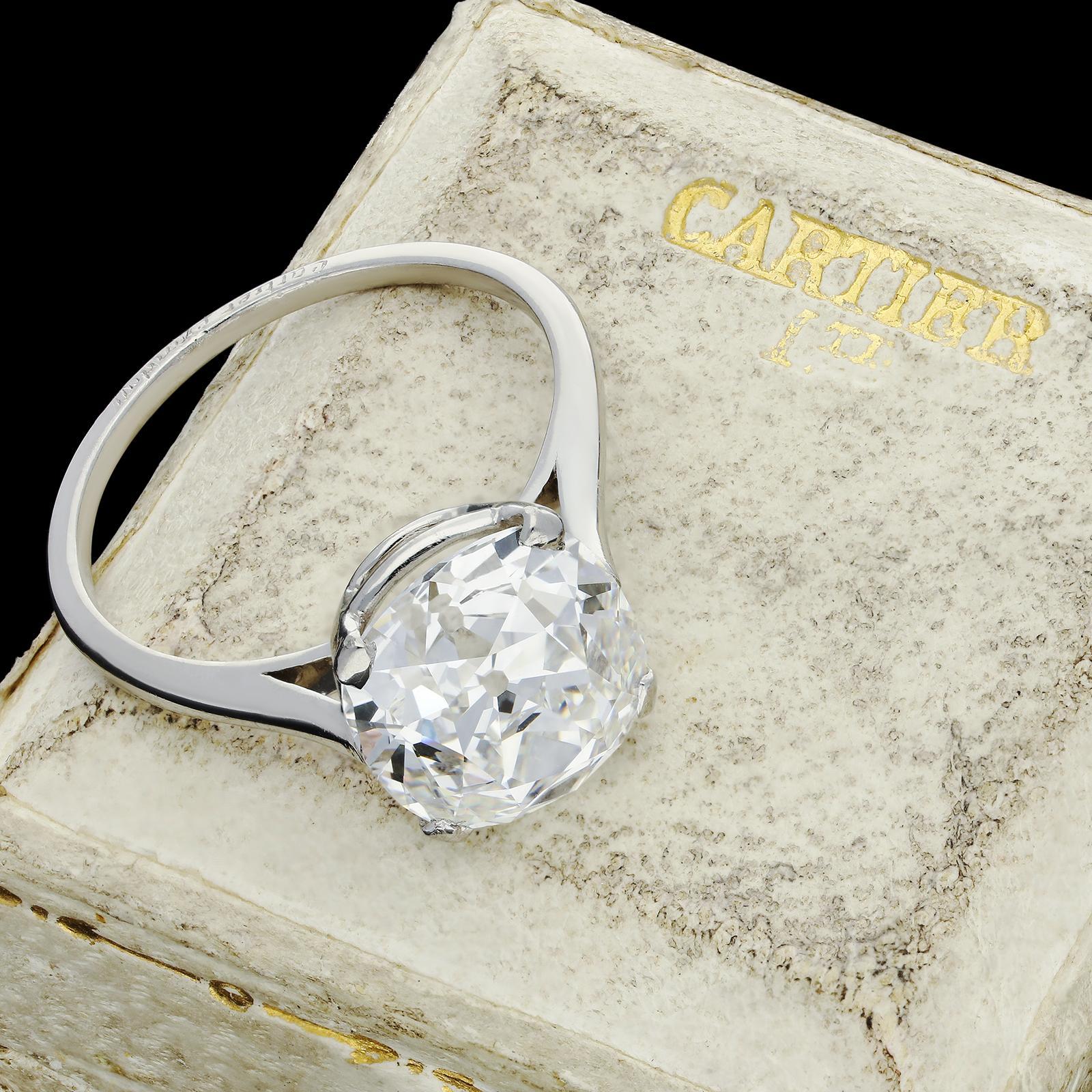 Women's or Men's Cartier, 4.21carat E VS1 Old Mine Cushion Cut Diamond Solitaire Ring, circa 1920