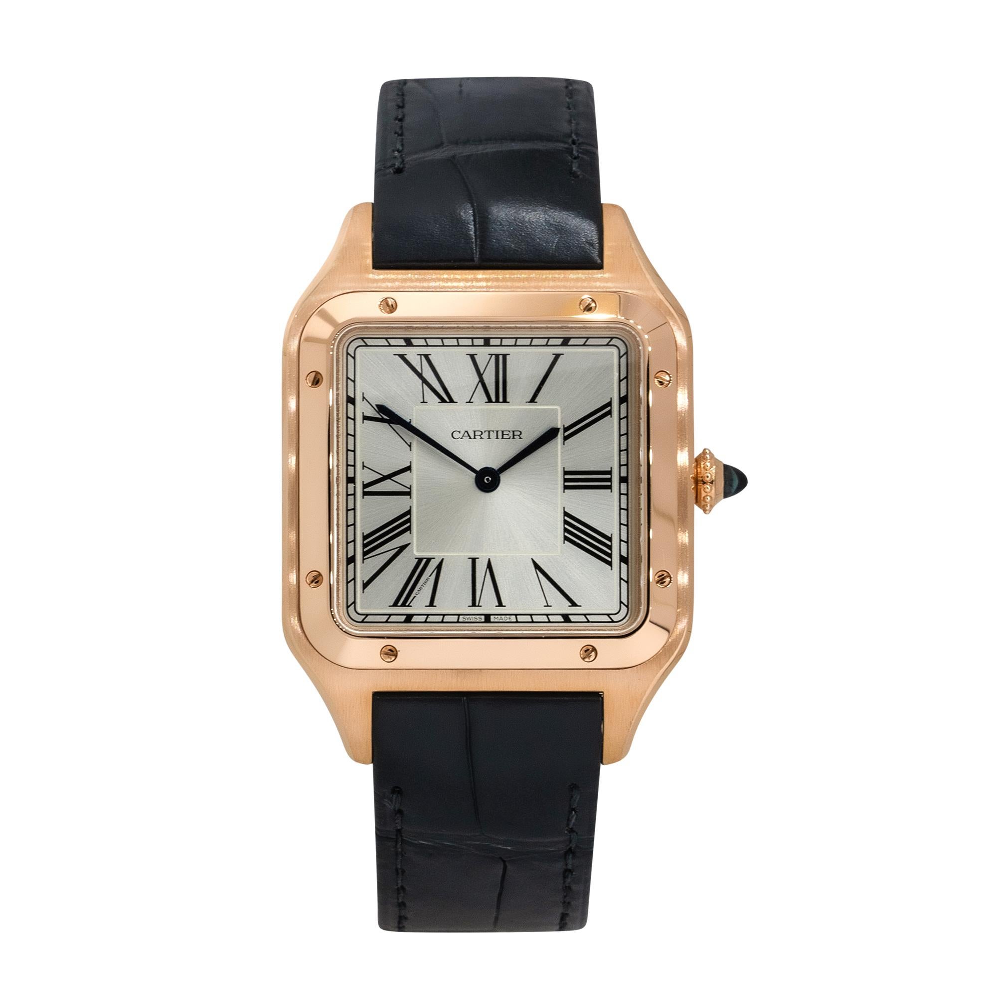Brand: Cartier
Model: Santos Dumont XL
Reference Number: 4307
Case Material: 18k Rose Gold
Dial: Silver chronograph dial with blue hands and black roman numerals
Bezel: 18k Rose gold smooth bezel
Case Measurements: 46.6 mm x 33.9 mm
Bracelet: