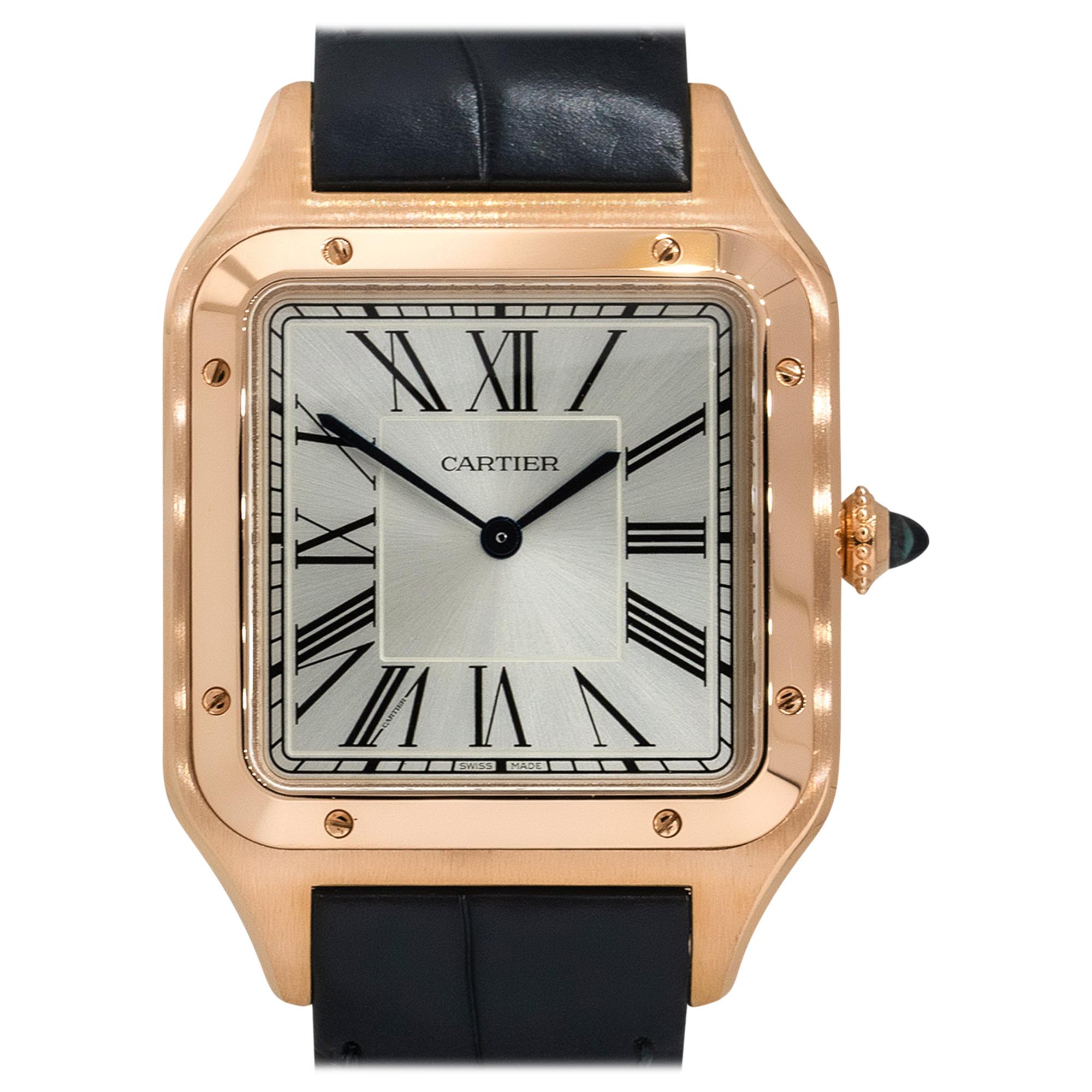Cartier 4307 Santos Dumont XL 18k Rose Gold Silver Roman Dial Watch