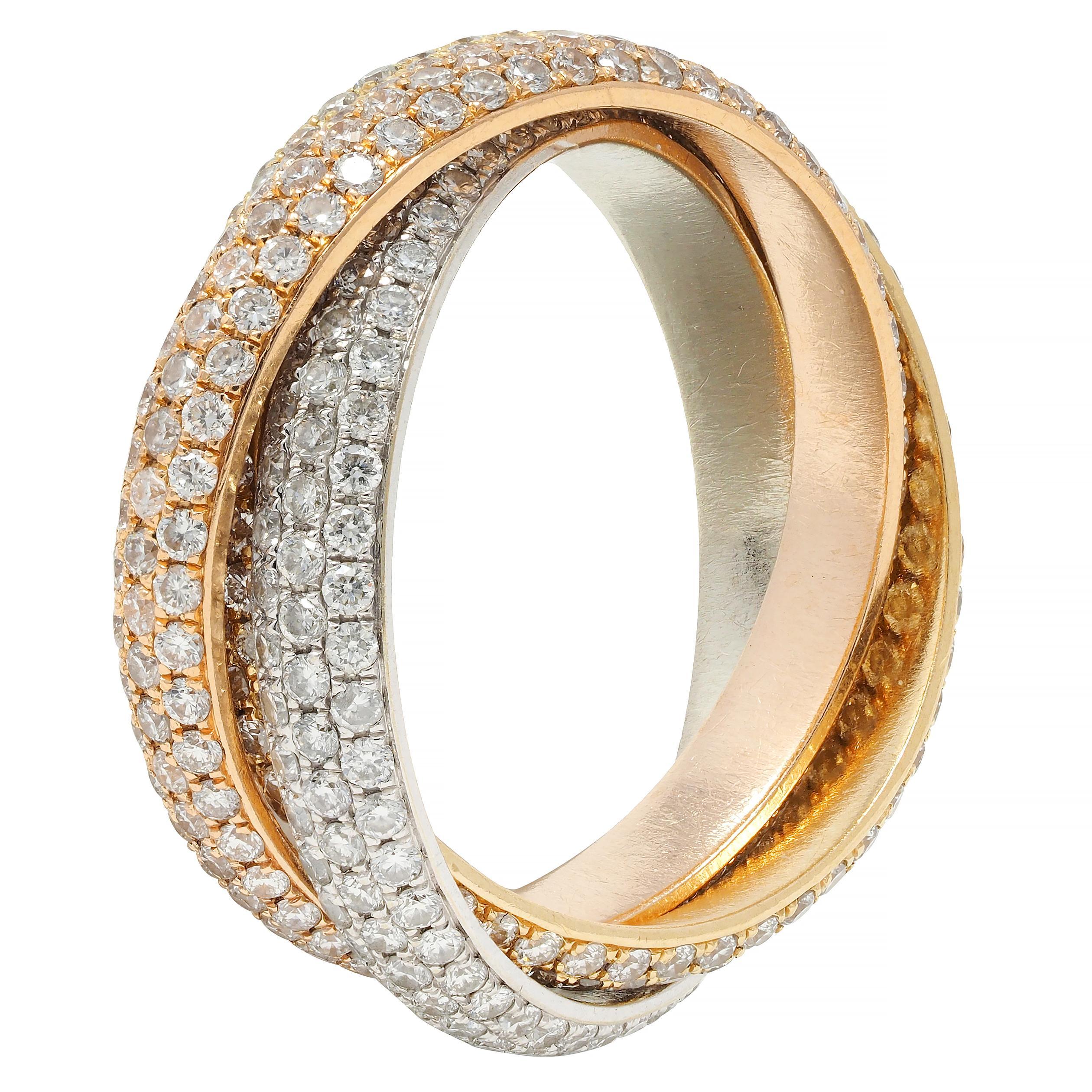 Cartier 4.50 CTW Diamond 18 Karat Tri-Colored Gold Rolling Trinity Band Ring For Sale 3