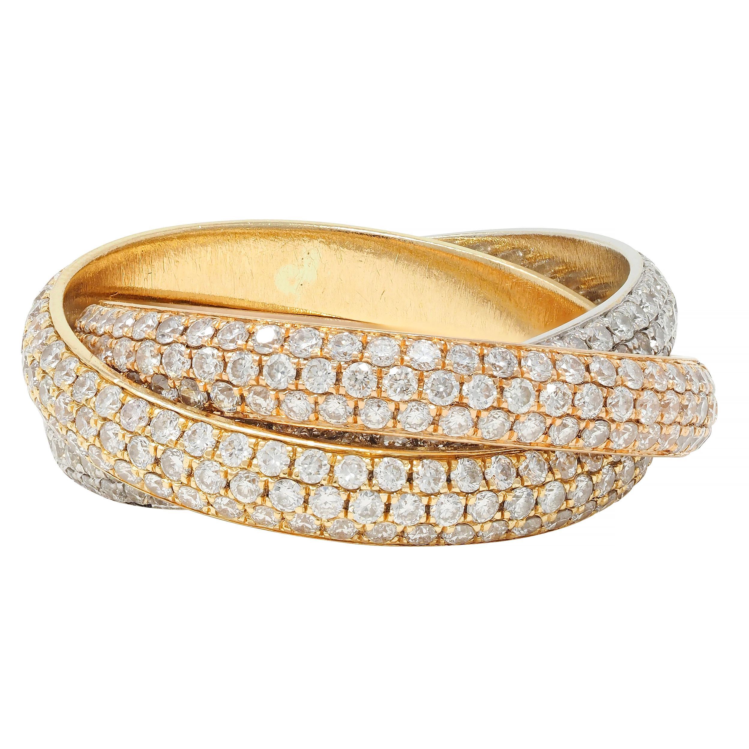Contemporary Cartier 4.50 CTW Diamond 18 Karat Tri-Colored Gold Rolling Trinity Band Ring For Sale