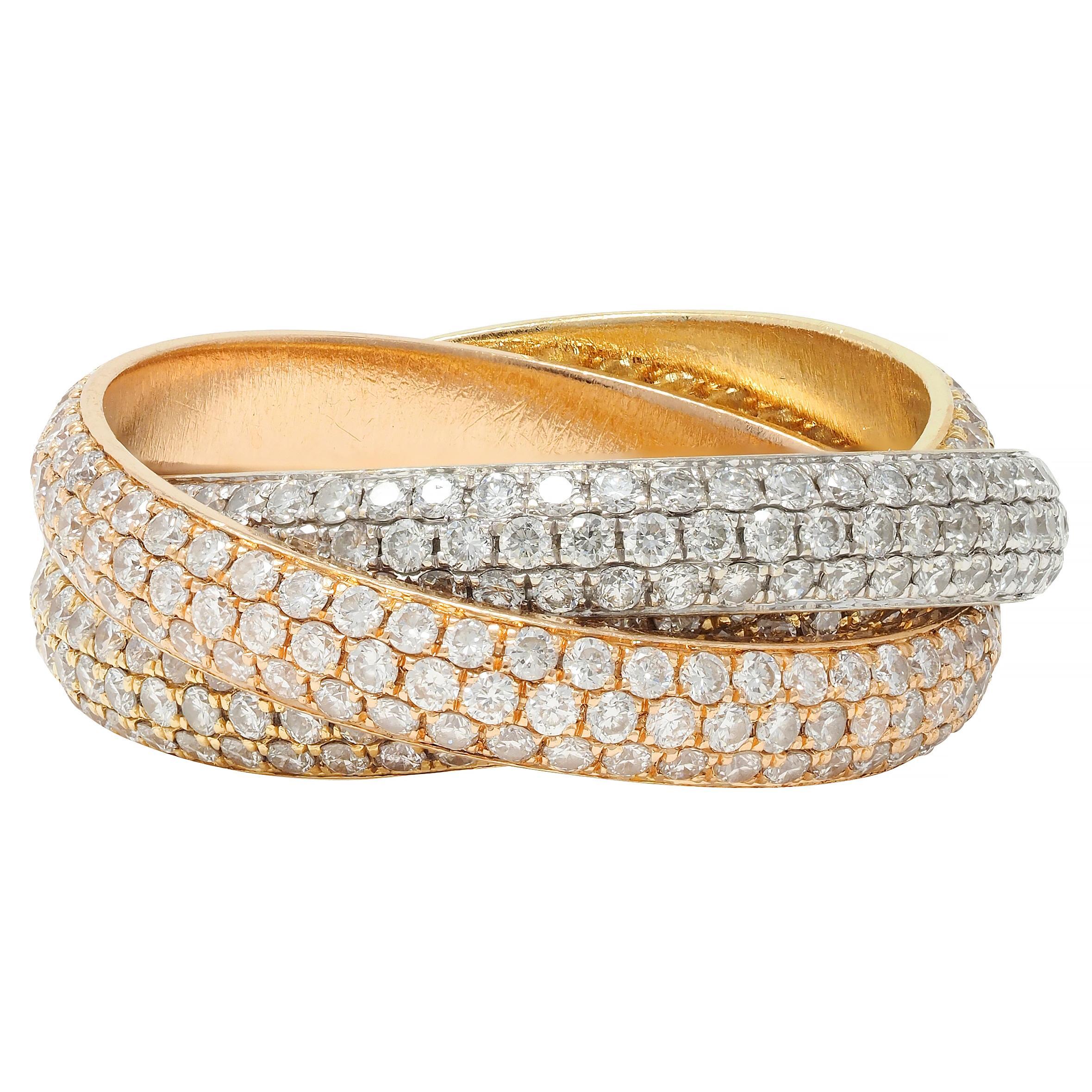 Brilliant Cut Cartier 4.50 CTW Diamond 18 Karat Tri-Colored Gold Rolling Trinity Band Ring For Sale