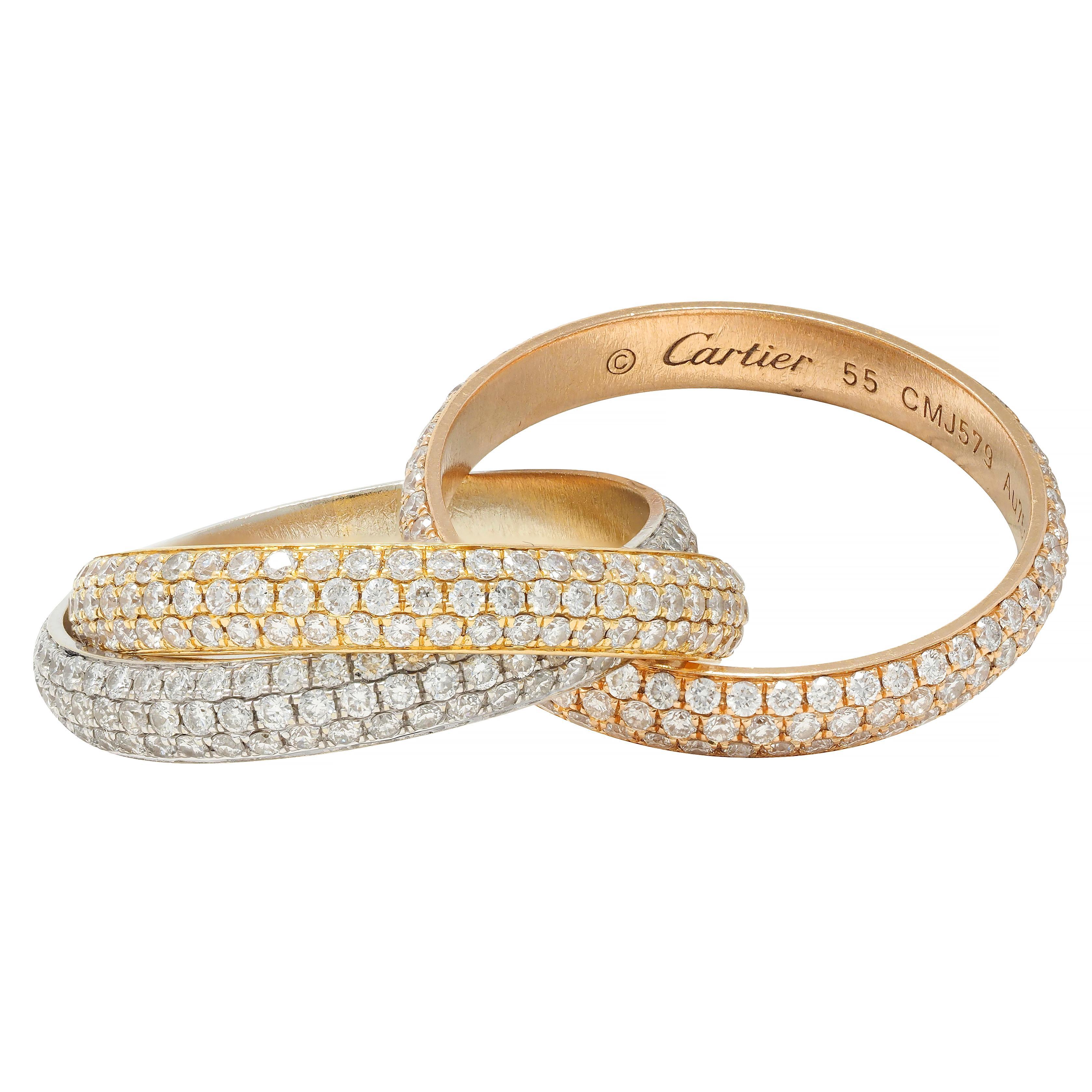 Women's or Men's Cartier 4.50 CTW Diamond 18 Karat Tri-Colored Gold Rolling Trinity Band Ring For Sale