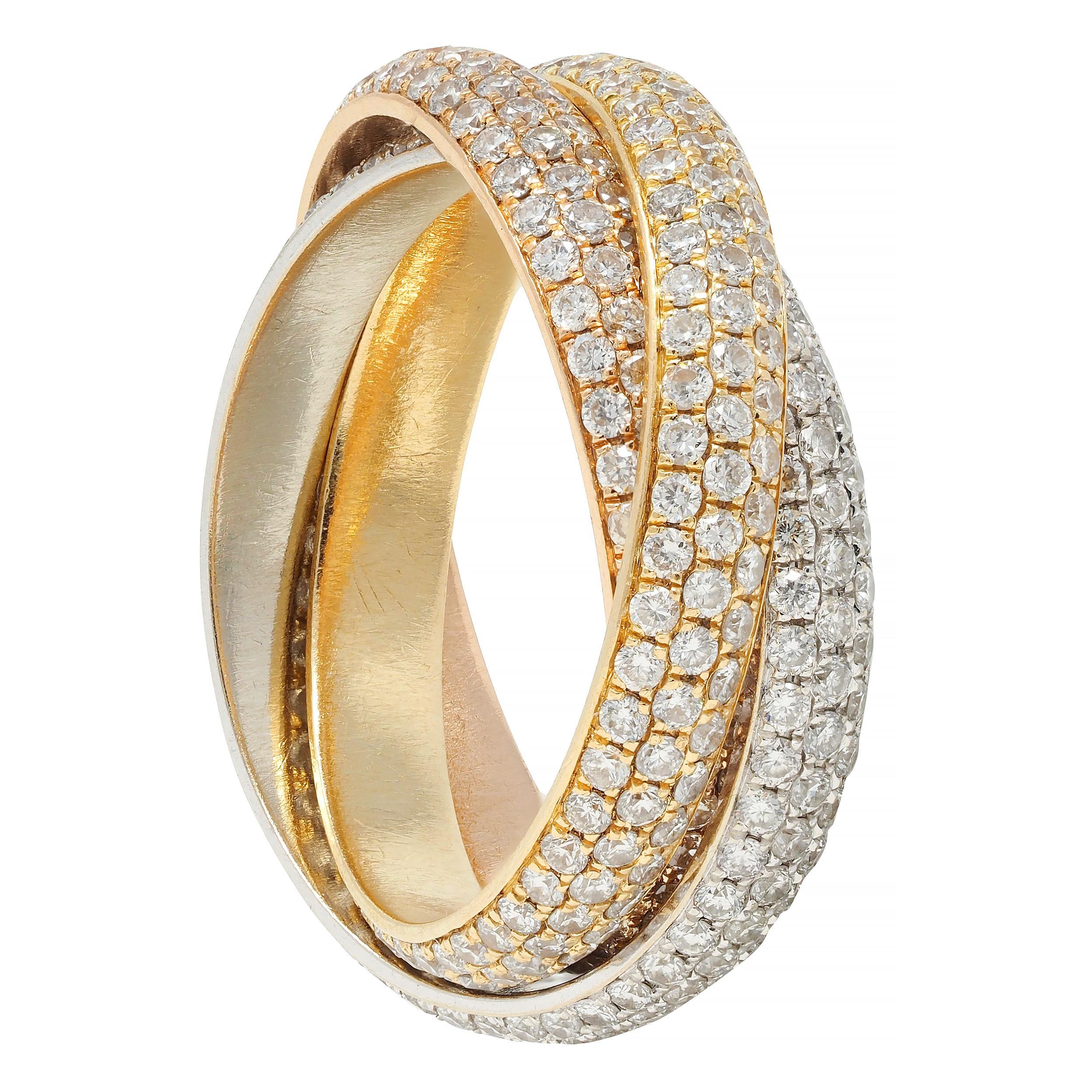 Cartier 4.50 CTW Diamond 18 Karat Tri-Colored Gold Rolling Trinity Band Ring For Sale 2