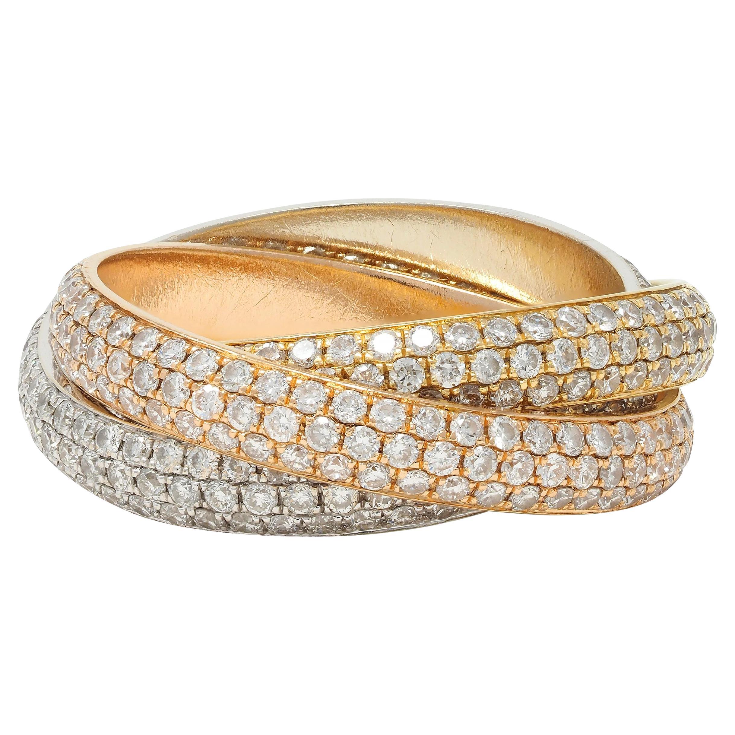 Cartier 4.50 CTW Diamond 18 Karat Tri-Colored Gold Rolling Trinity Band Ring For Sale