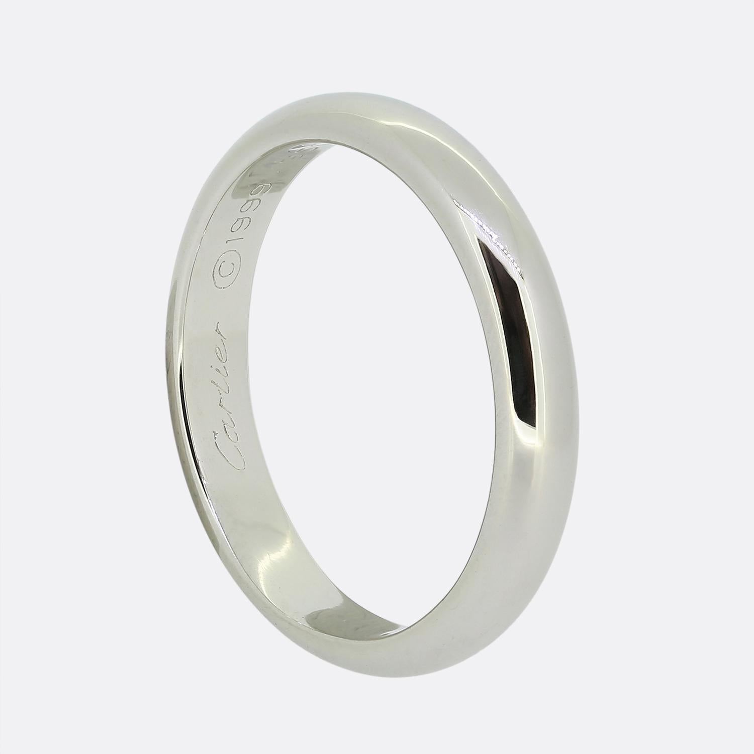 Here we have a plain D-shaped wedding band ring from the world renowned jewellery house of Cartier. This vintage piece has been crafted from platinum, is 4mm in width and is marked on the inside to the year 1999. 

Condition: Used (Very