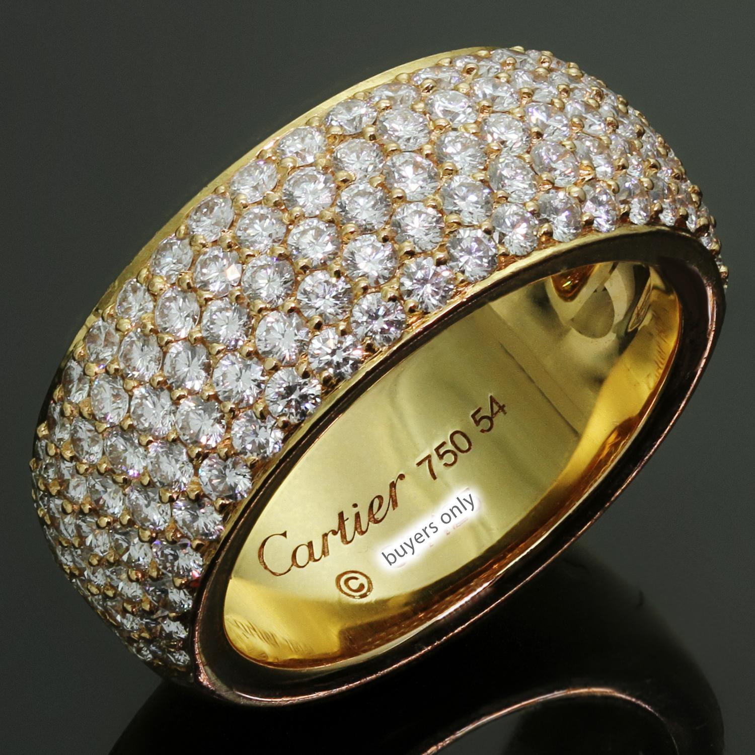 This fabulous Cartier 5-row wide band ring is crafted in 18k yellow gold and pave-set with brilliant-cut round D-E-F VVS1-VVS2 diamonds weighing an estimated 2.0 carats. Made in France circa 2020s. Measurements: 0.31
